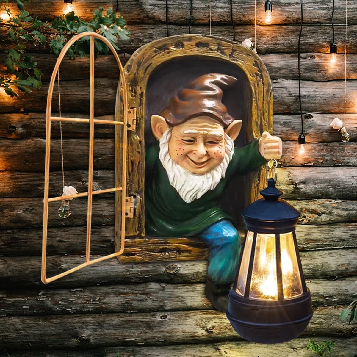 Garden Gnome Statue with Solar Lights Mom Dad Gifts Summer Decor Fairy Garden 10 in Elf Outdoor Tree Hugger Statues- Tree Face Sculpture, Yard Art for Patio,Fence,Lawn,Wall Gnomes Ornament