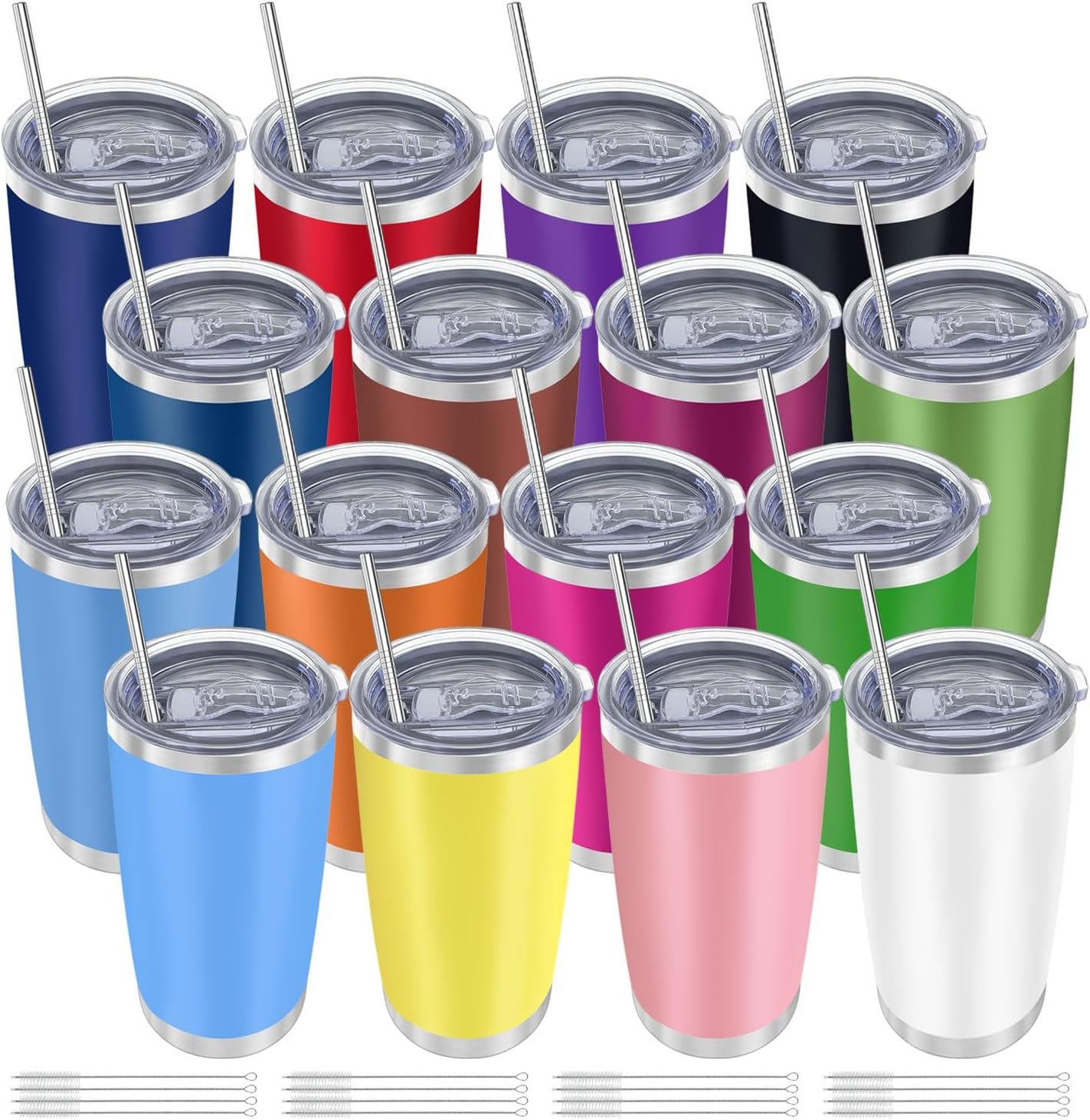 YOUKE OLA 16 Pack Insulated Coffee Tumbler – 20oz Stainless Steel Double Wall Vacuum Travel Tumbler Cup with Lid and Straw for Cold & Hot Drinks (Mixed Colors)