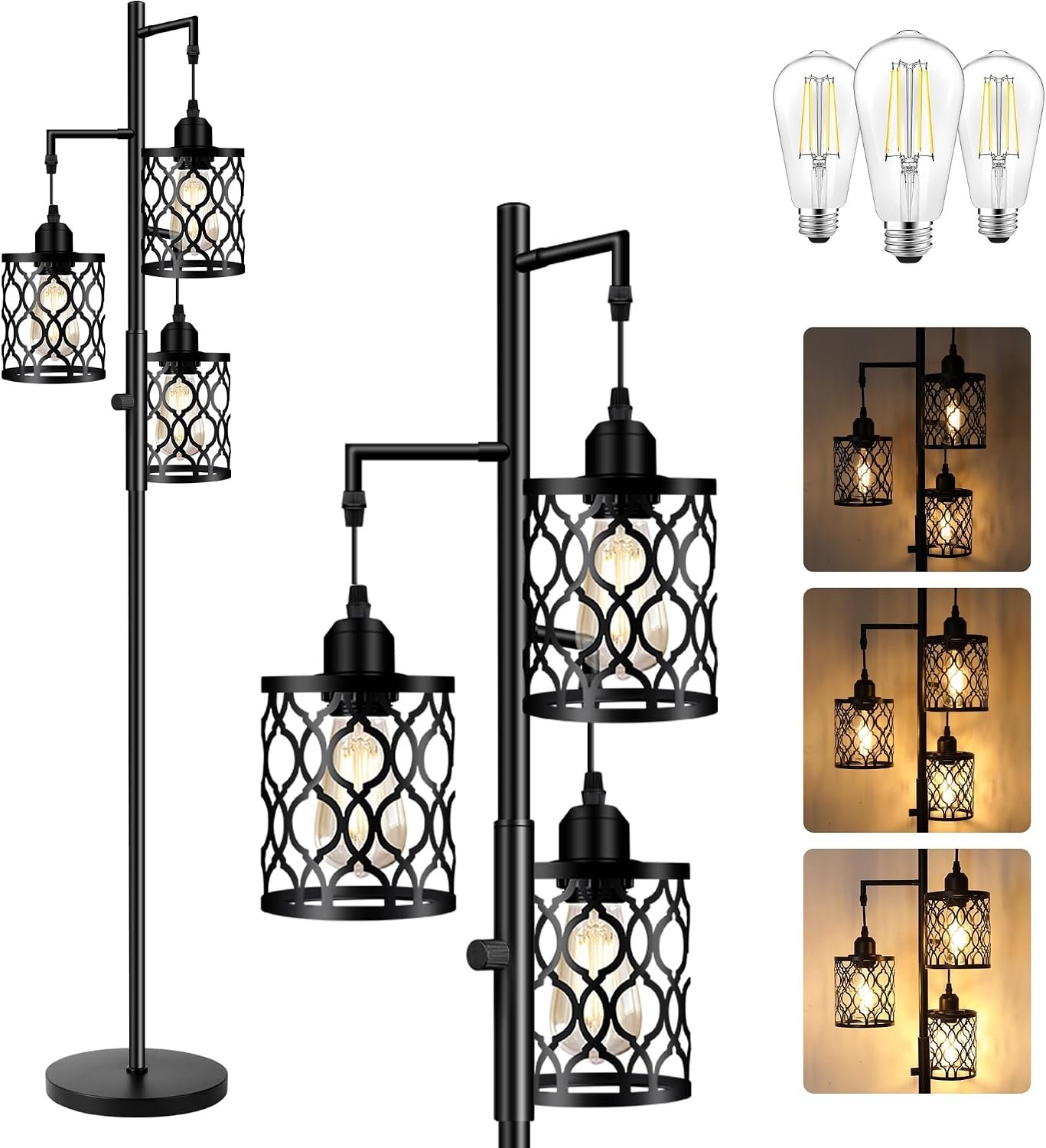 ROTTOGOON Dimmable Farmhouse Floor Lamp, Industrial Floor Lamp for Living Room with 3 X 6W LED Bulbs, 3 Light Rustic Standing Tall Lamp for Bedroom, Office, 68″