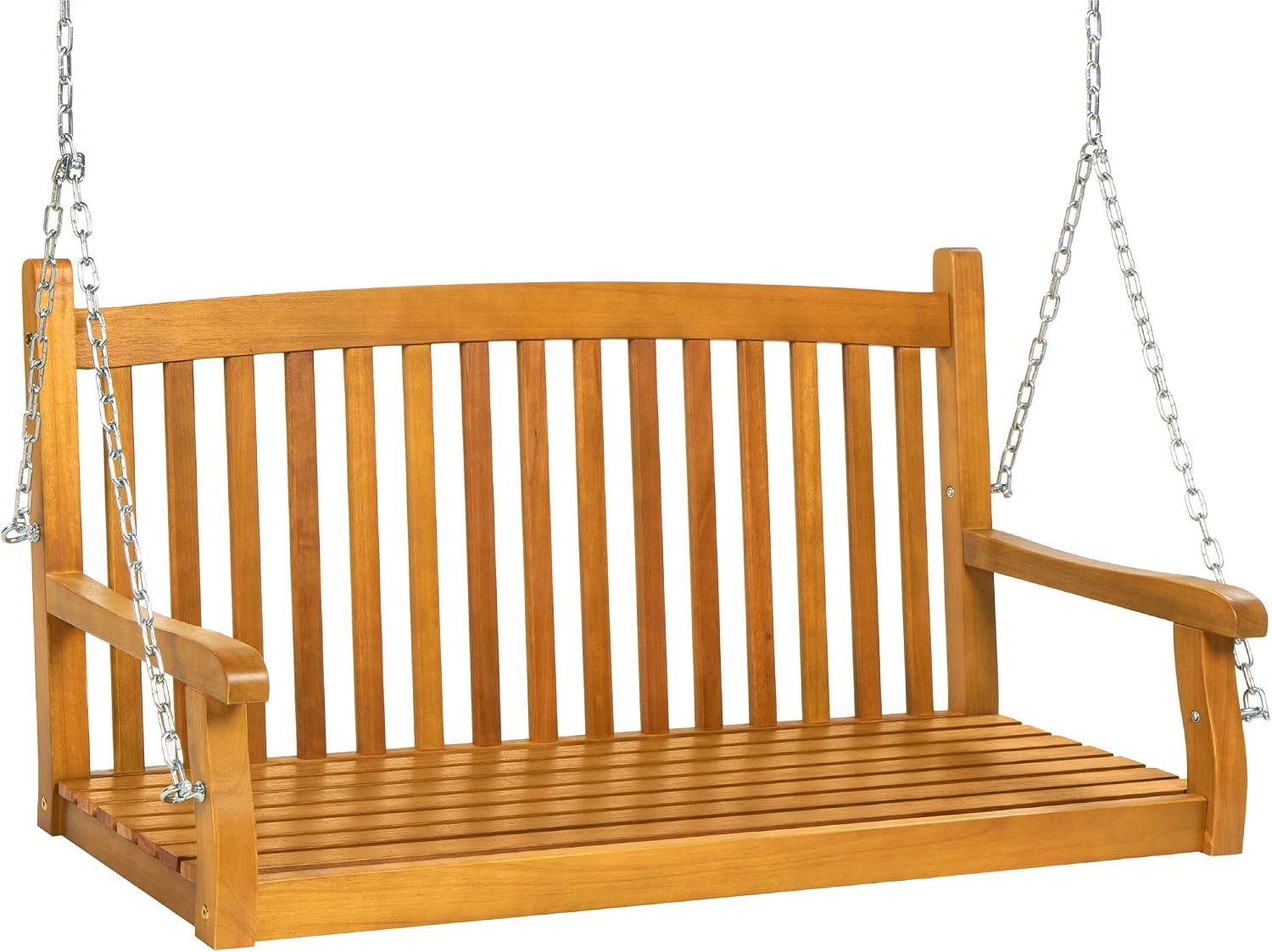 Best Choice Products 48in Wood Porch Swing Outdoor Patio Hanging Bench Chair Furniture for Deck, Garden, Yard w/Mounting Chains, Curved Back Design, 500lb Weight Capacity – Brown