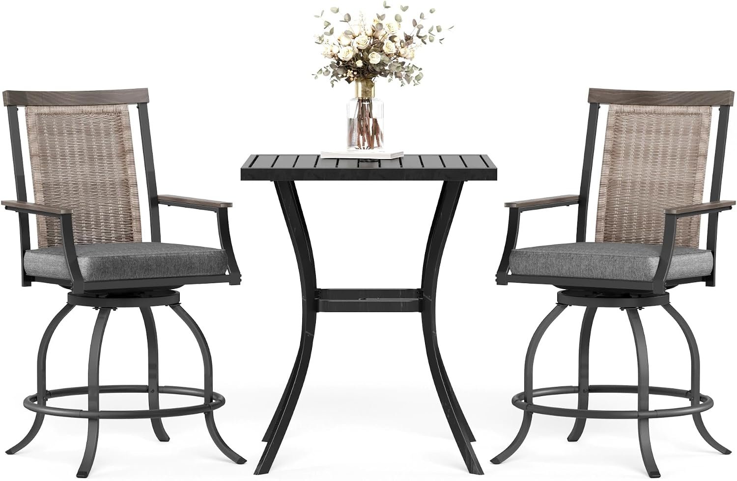 MFSTUDIO 3-Piece Outdoor Bar Height Table and Chairs | 2 x Rattan Wicker Swivel Counter Height Patio Stools, 1 x Square Metal High Top Table with Umbrella Hole, 31”L x 31”W x 36”H