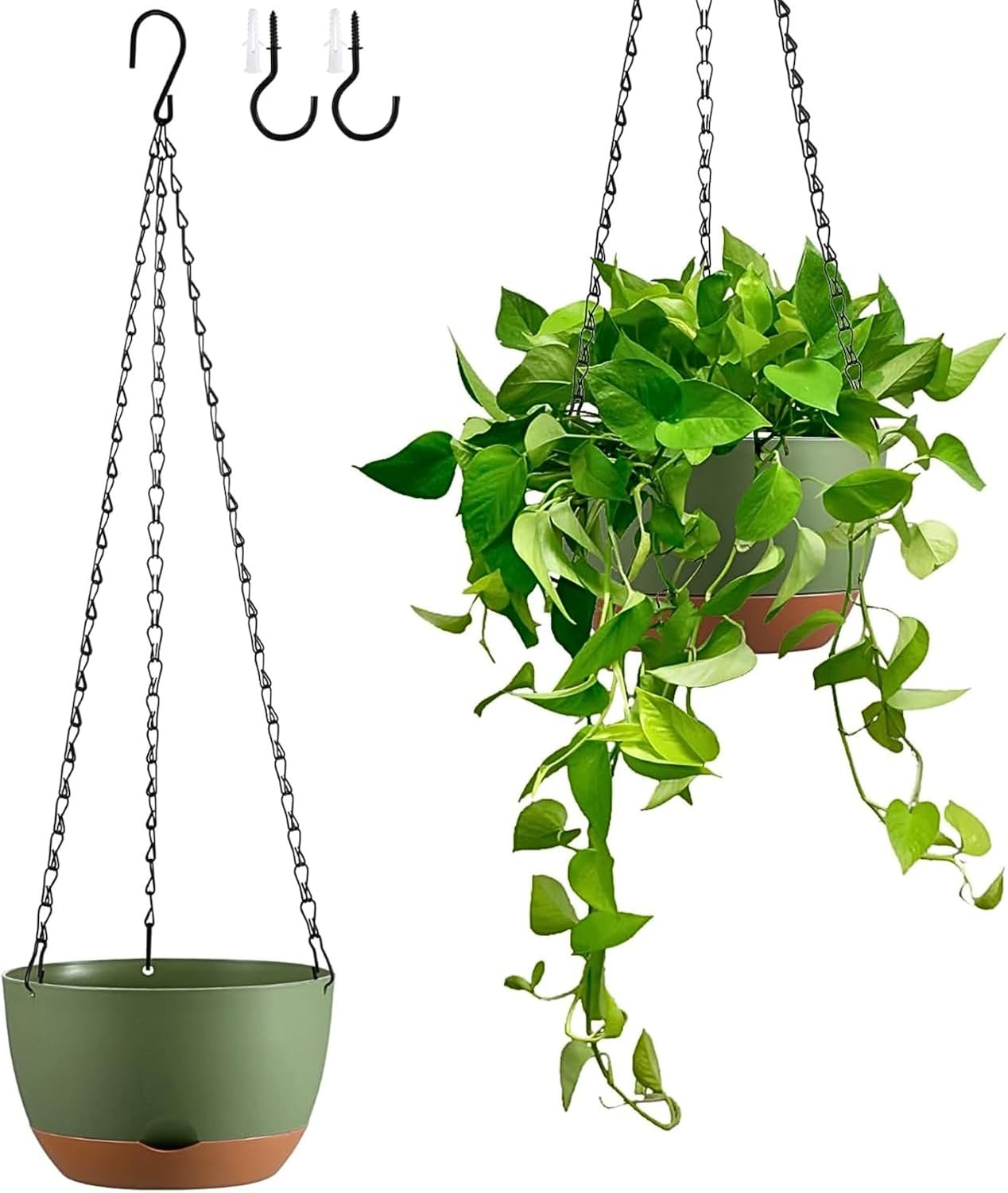 Set of 2 Hanging Planters for Indoor Outdoor Plants, 8 Inch Self-Watering Hanging Flower Pots with Drainage Hole & Removable Water-Storage Tray (Hooks)