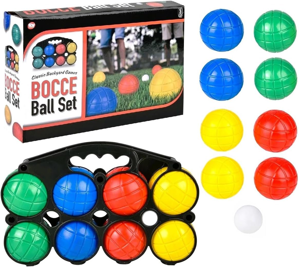 Zugar Land Bocce Ball Set with Carrying Case (11″) Includes: 8 (3″) Balls, 1 Jack (1.5″) Ball, 1 Sure Grip Storage Case. Comes in a Nice Display Box. Classic Backyard Game.
