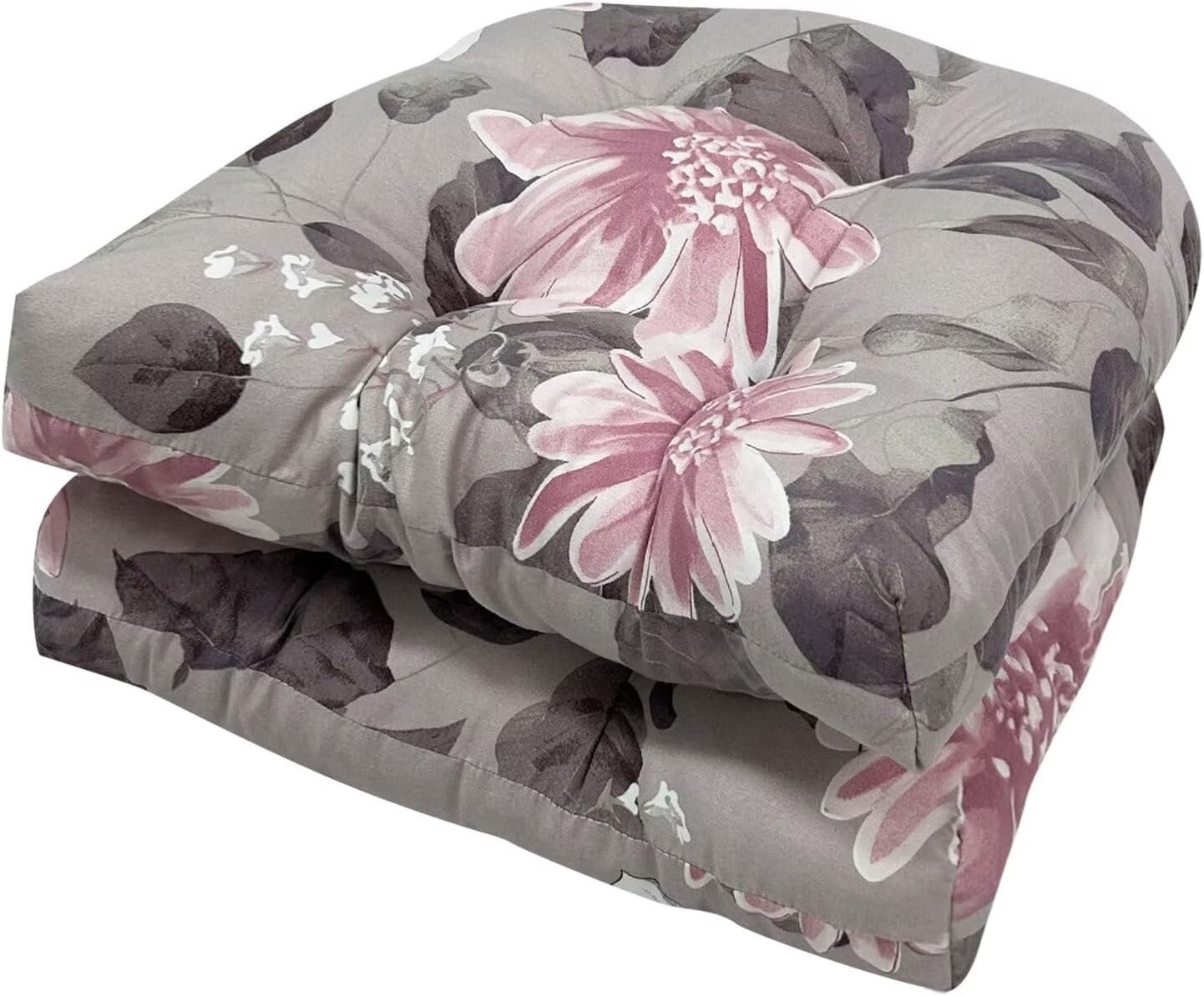 Outdoor Indoor U Shaped Wicker Seat Cushion Floral Tufted Chair Pads Chair Cushions Set for Patio Garden Home Office Furniture Pink Grey, Set of 2