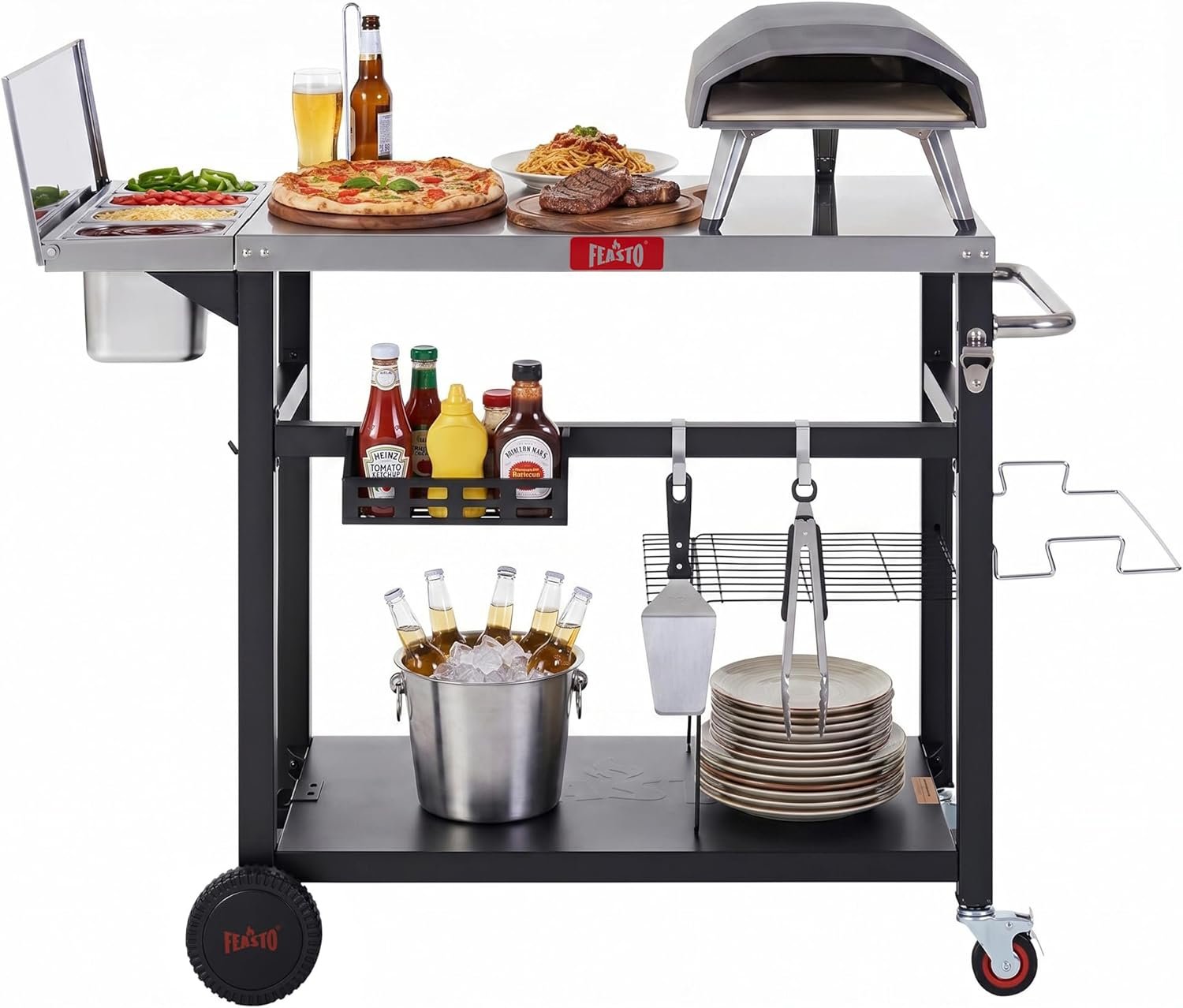 Feasto Outdoor Pizza Prep Cart with Topping Station & Stainless Steel Top | Integrated Pizza Topping Station with Lid, Food-Grade Prep Tabletop, Lockable Wheels (2×1.5L+2×0.9L Containers Included)