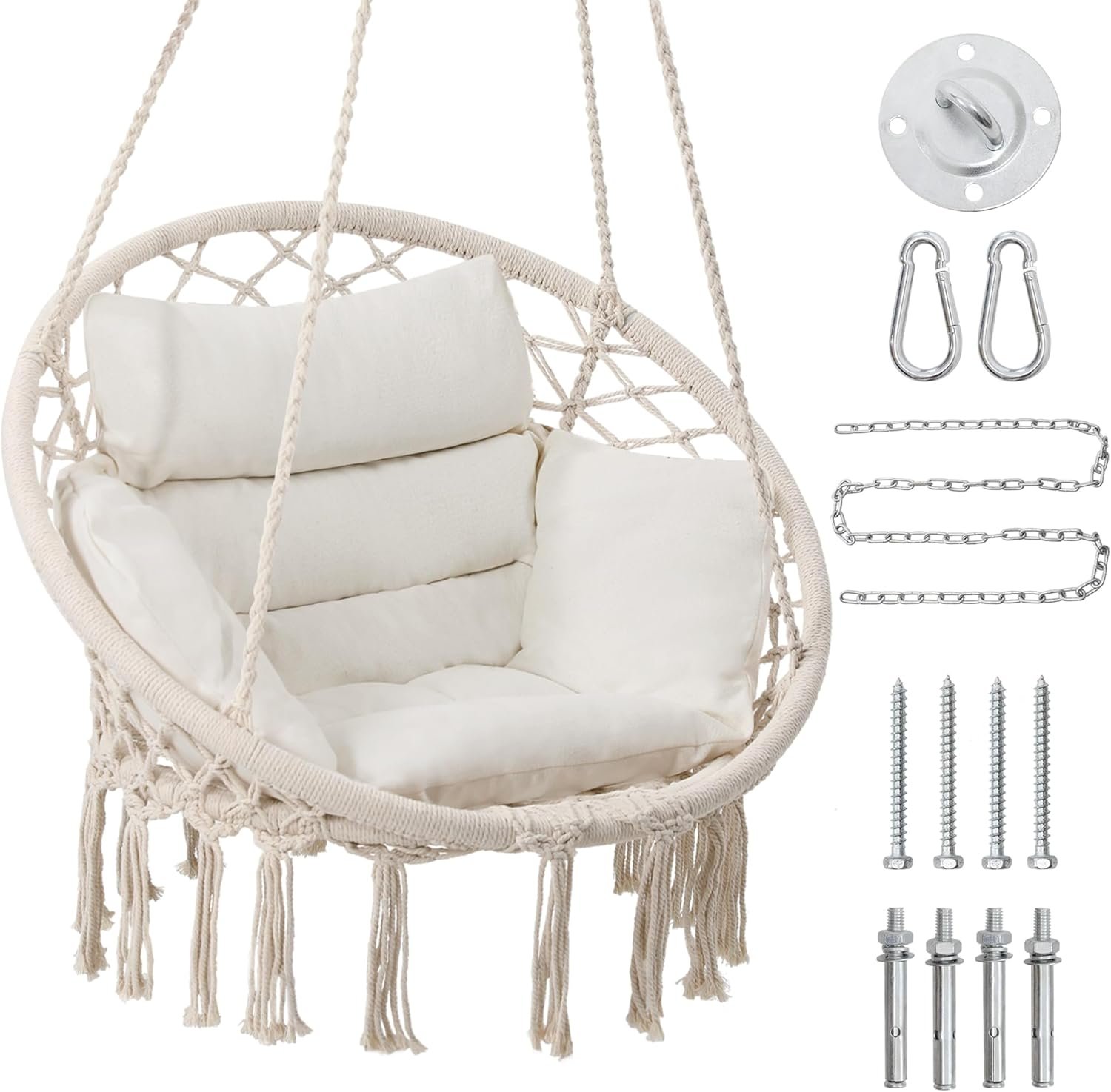 KROFEM Hammock Chair Swing Chair with Boho Medium Cushion, Macrame Hanging Chair for Bedroom, Indoor, Outdoor, Balcony, Porch, Beige