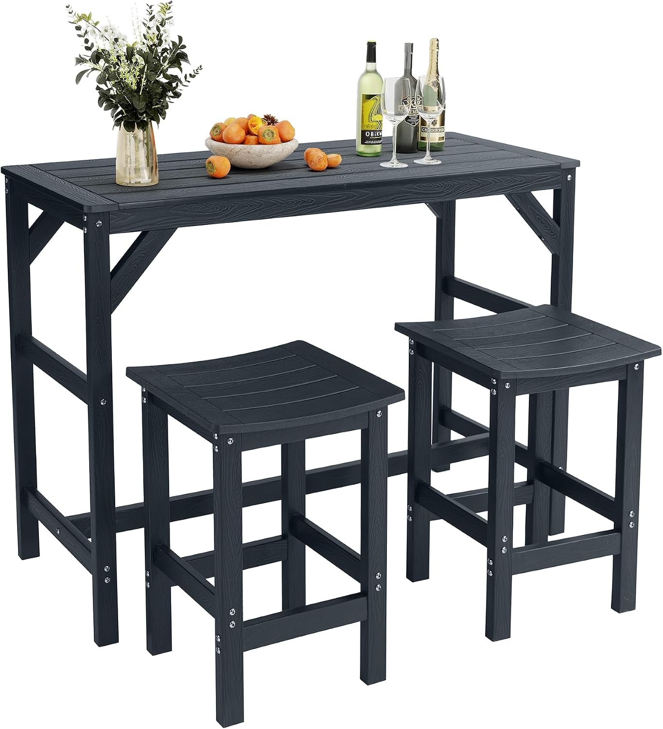HIPS Outdoor Patio Bar Set, All Weather HIPS Bar Table and Chairs Set for Outside, 55″ Rectangular High Top Bar Table with 2 Bar Stools for Poolside, Patio, Balcony, Deck (Black, 3 Pcs Set)
