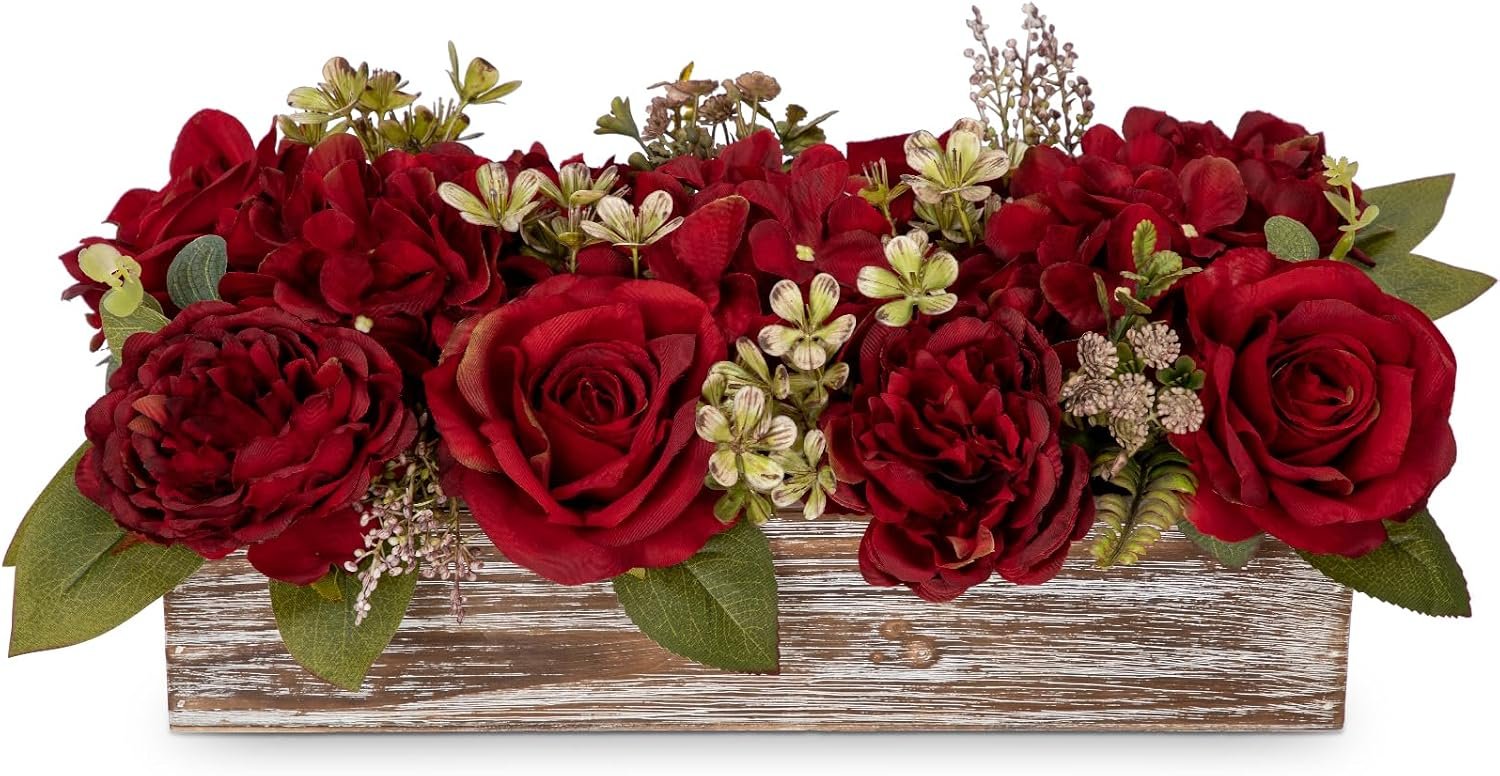 Flower Arrangement with Wooden Vase 14″ Artificial Flowers in Pot – Fake Flowers Roses Peonies Hydrangeas in Wooden Vase Potted Artificial Flower Centerpieces for Table Decor Living Room – Red