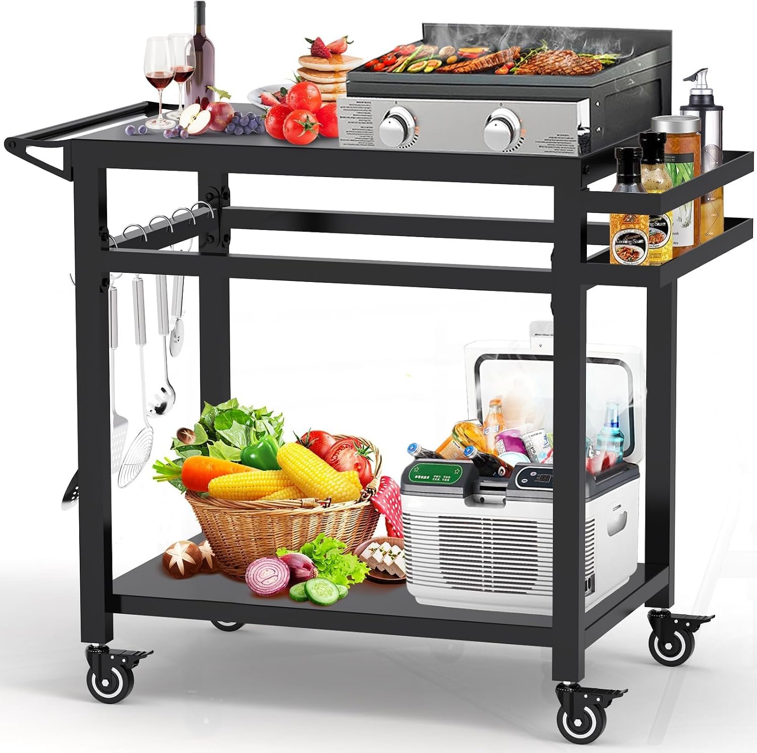 20″x32″ Double-Shelf Grill Table Movable Grill Cart, Outdoor Food Prep and Pizza Oven Table, Grill Stand Fits Blackstone Griddle 17″ 22″