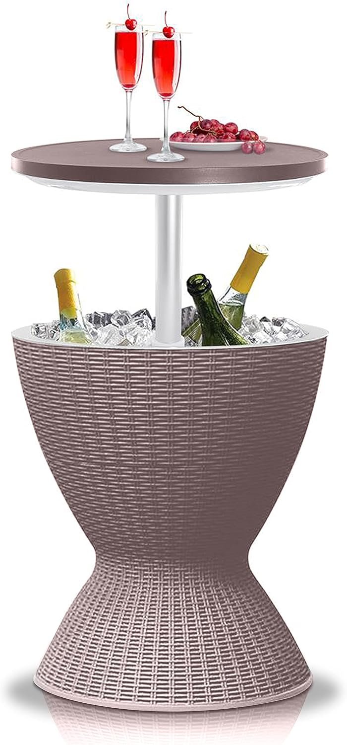 SereneLife Outdoor Cool Bar Table, 7.5 Gallon Beer and Wine Cooler, Patio Furniture & Hot Tub Side Table, Beverage Cooler, All-Weather Resistant Ice Cool Bar, Rattan Style Patio, Cocktail Bar (Grey)