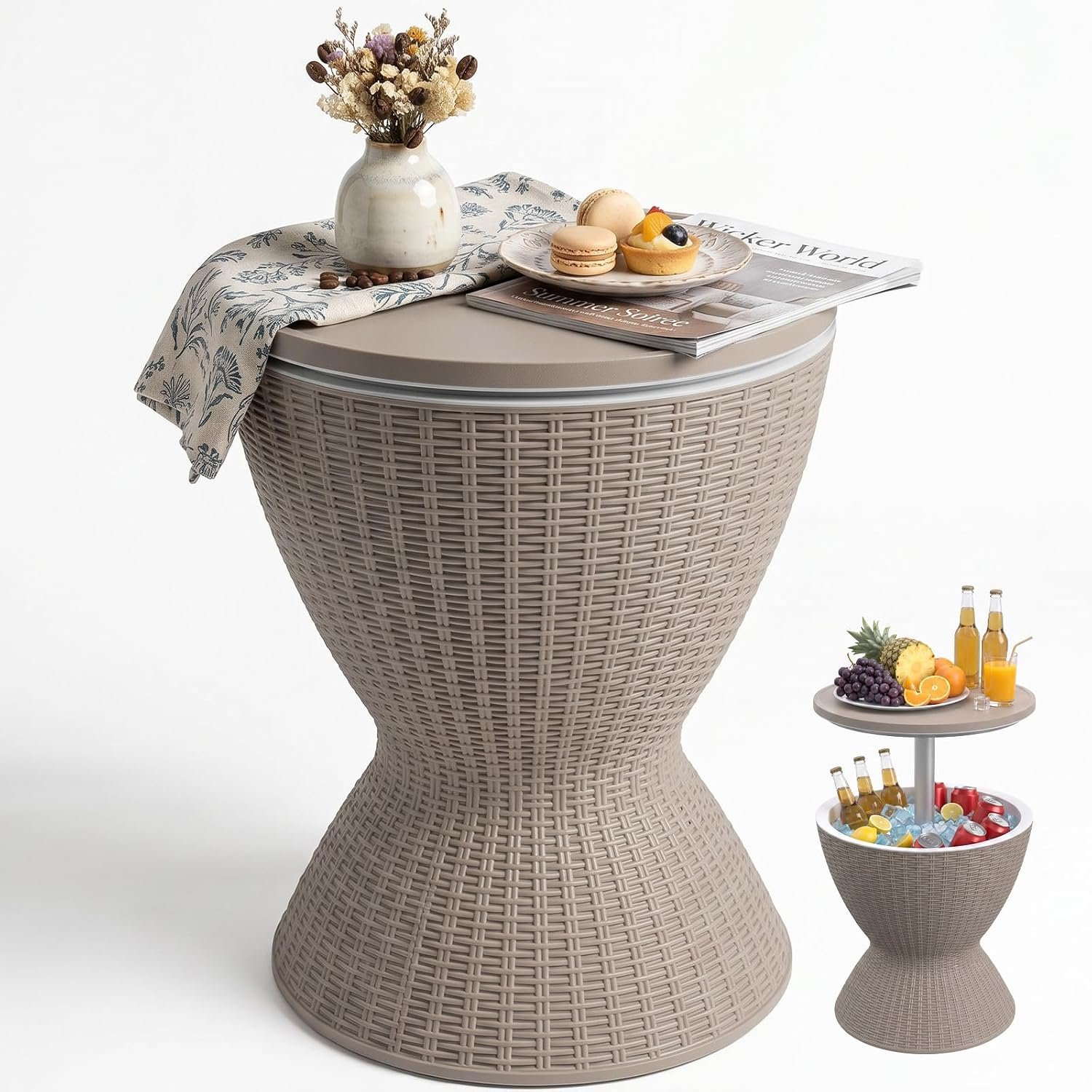 Outdoor Side Table, Cooler Bar Table, Weather Resistant Patio End Tables, Patio Furniture for Garden, Porch, Pool, Lawn, Backyard or Indoor