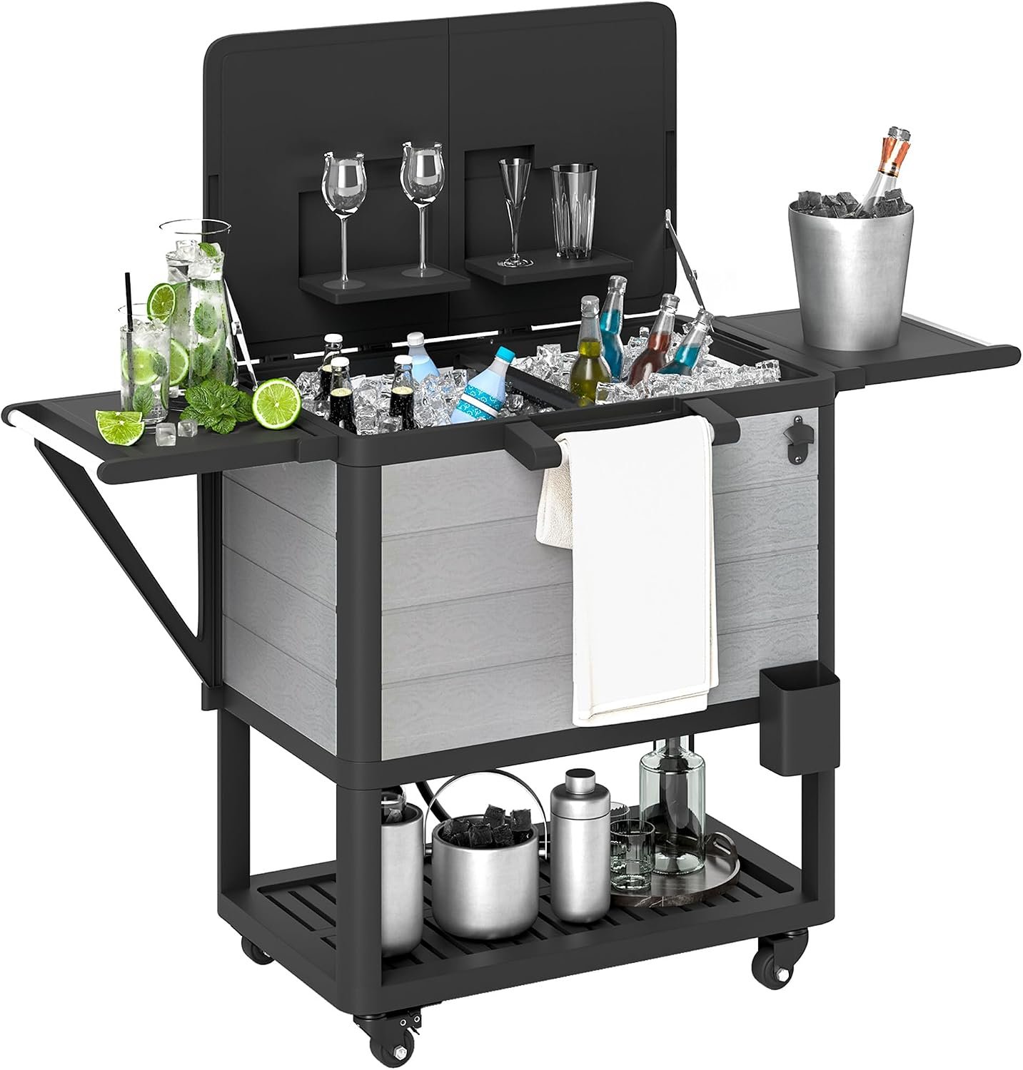 Outsunny Patio Cooler with Wheels, 104 Quart Large Capacity Rolling Ice Chest with Bottle Opener and Shelves, Outdoor Beverage Bar Cart with Handles for Pool Deck BBQ Cookouts Party