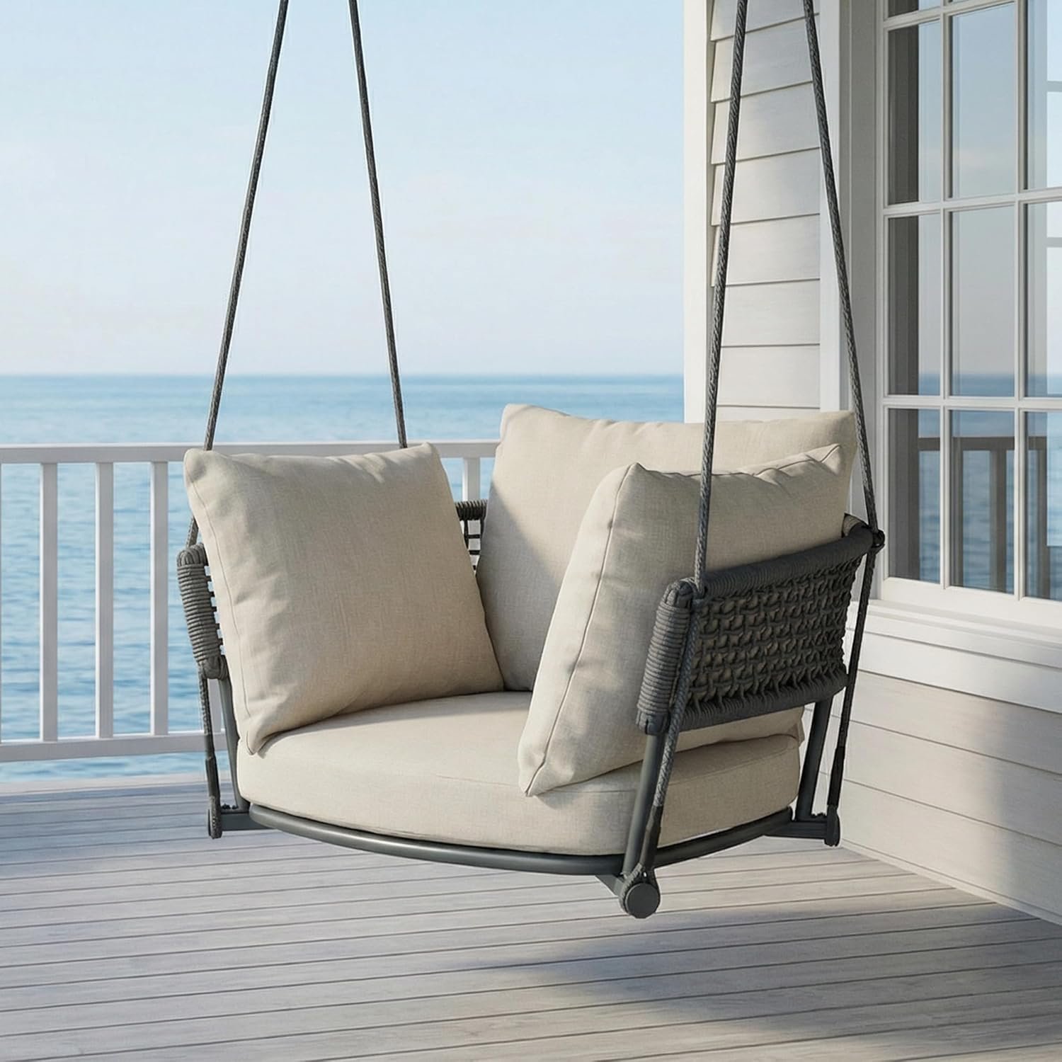 Swing Chair Outdoor, Single Hanging Porch Swing, Ceiling Hanging Chair for Bedroom, 106″ Adjustable Rope Swinging Chair Indoor, Heavy Duty 400lbs Patio Outdoor Swings for Deck/Balcony, Beige