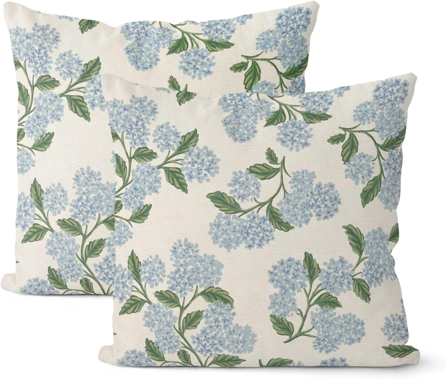 Spring Pillow Covers 18×18 Inch 2 Pcs Blue Green Hydrangea Flower Decor Throw Pillows Vintage Floral Seasonal Summer Outdoor Decoration Pillowcase Linen Cushion Cover for Couch Sofa