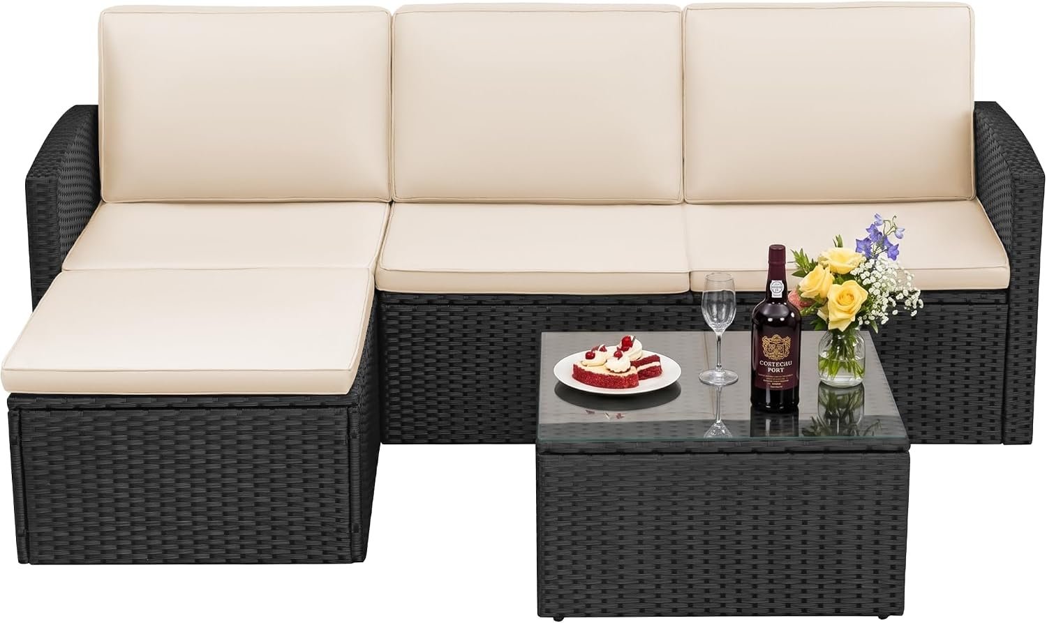 Devoko Patio Sofa,4 Pieces Outdoor Furniture Set,Wicker Sectional Couch | with Glass Desktop and 75.9in Wide Backrest for Backyard, Deck,Porch & Poolside(Black)