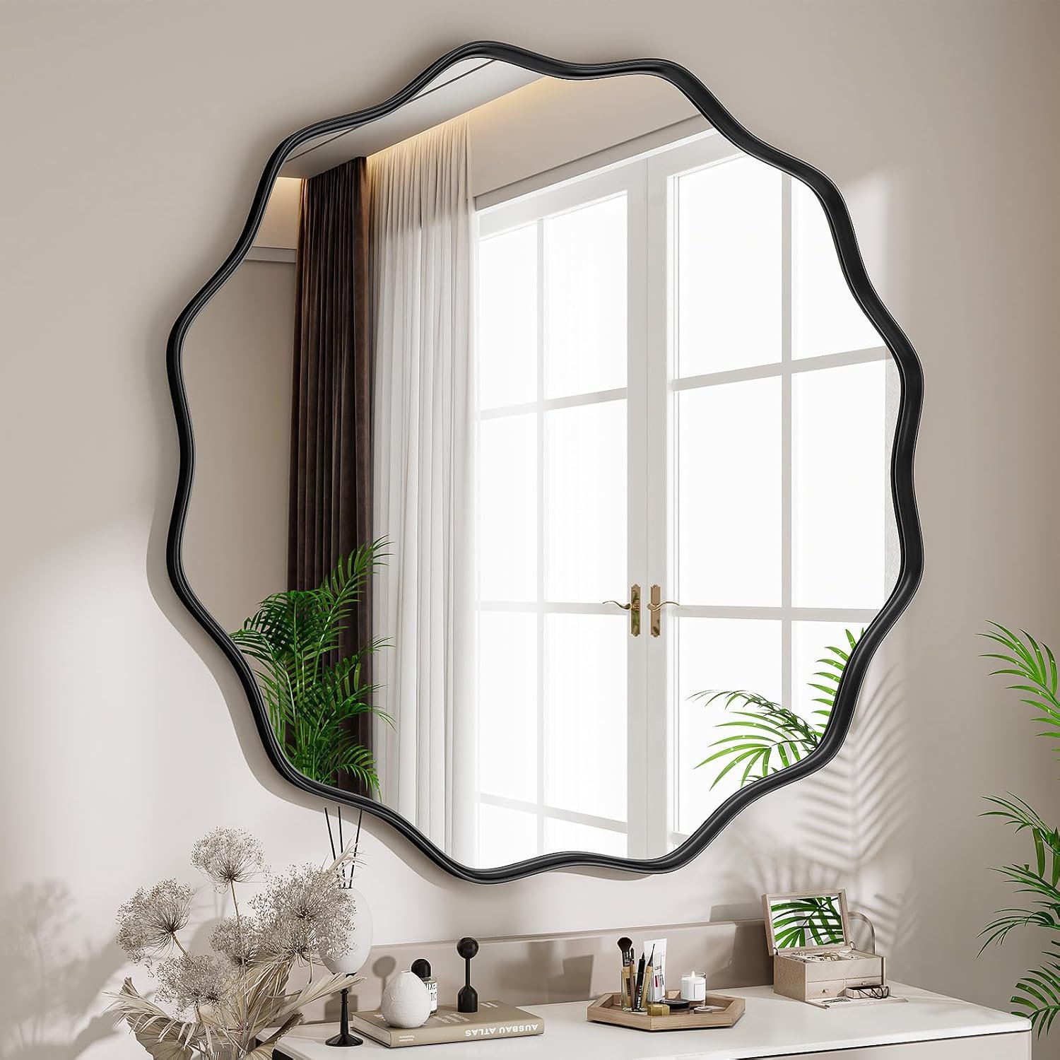 Wavy Round Mirror, 30″ Scalloped Metal Frame Black Circle Mirror | Wall Mounted for Bathroom, Vanity, Entryway, Hallway, Living Room