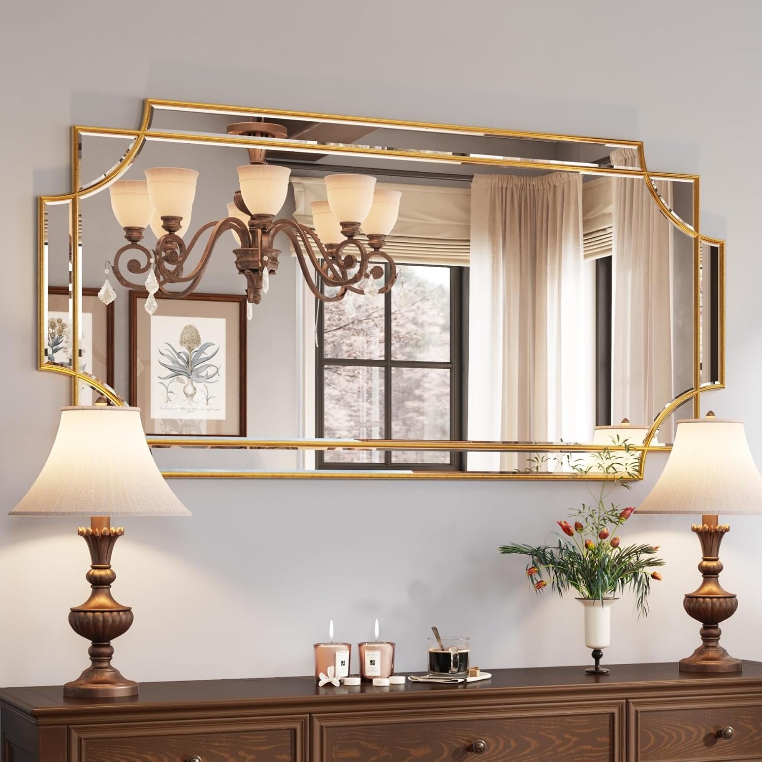 Kelly Miller 24″x48″ Gold Foil Scalloped Edge Decorative Vanity Wall Mirror | Hand-Applied Gold Foil Finish. HD Mirror With French Cleat. Elegant Beveled Wall Mirror Decor For Bathroom Bedroom Entryway.