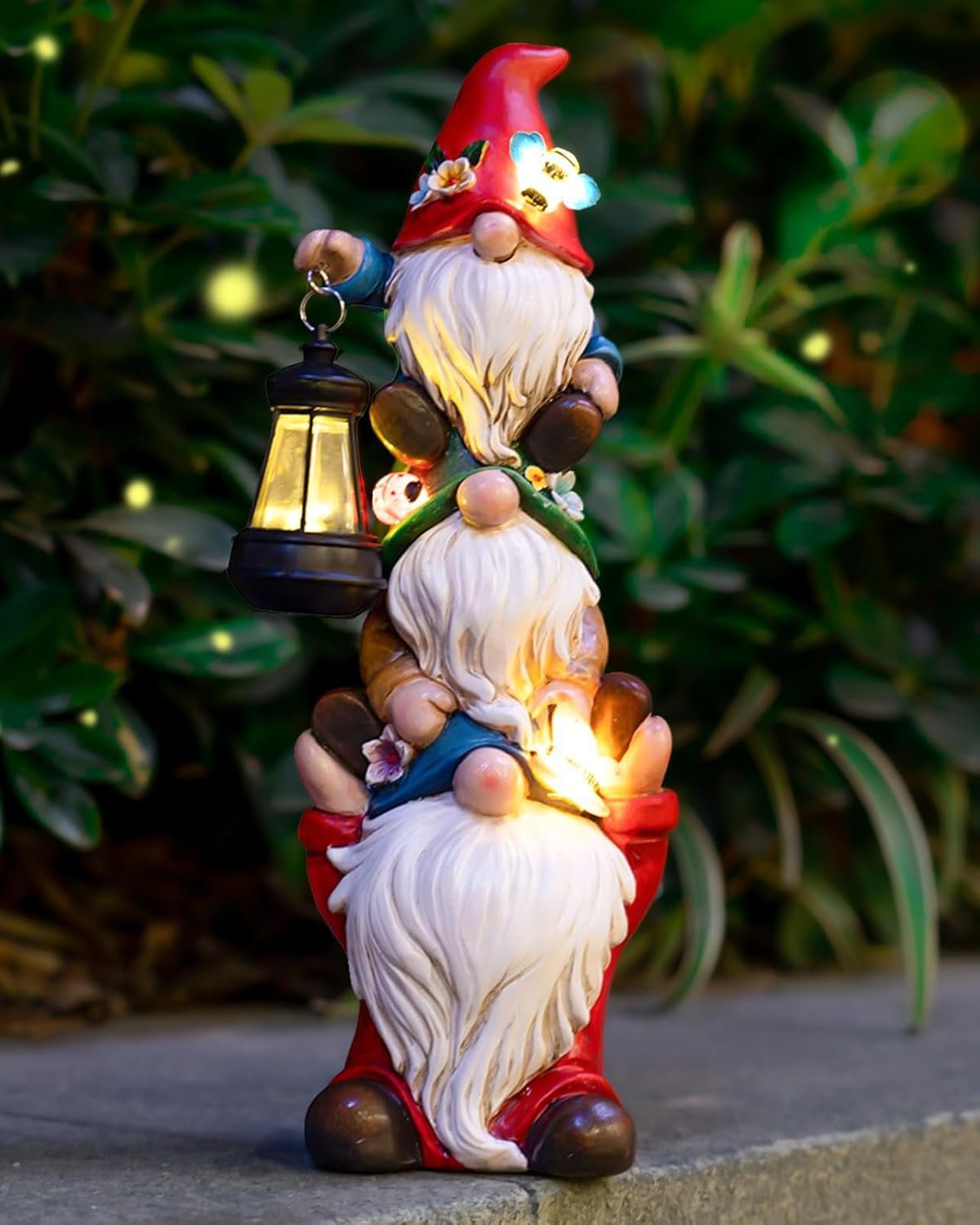 twinbling 12 in Garden Gnome Statue with Solar Lights | Birthday Gift for Mom Woman Grandma Garden Sculptures Funny Triple Gnome Outdoor Patio Lawn Yard Balcony Home Decor