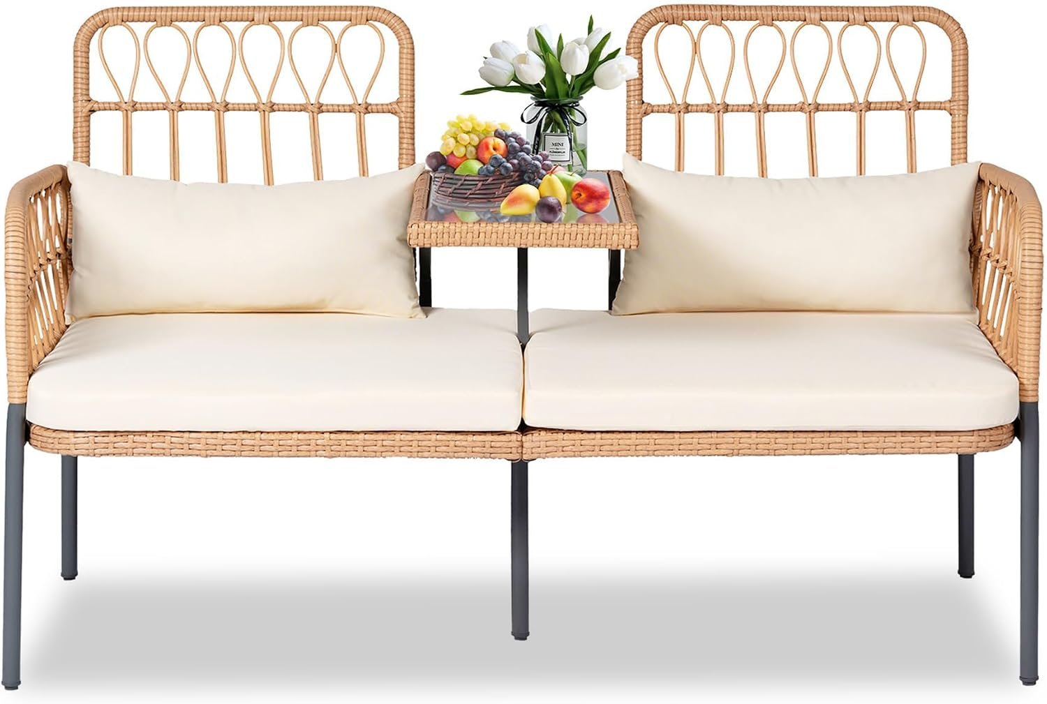 PROHIKER ROHIKER Outdoor Patio Loveseat Rattan Loveseat 2-Seat Furniture with Built-in Table, Lumbar Pillows and Cushions, All-Weather Small Patio Couch for Balcony, Lawn, Backyard