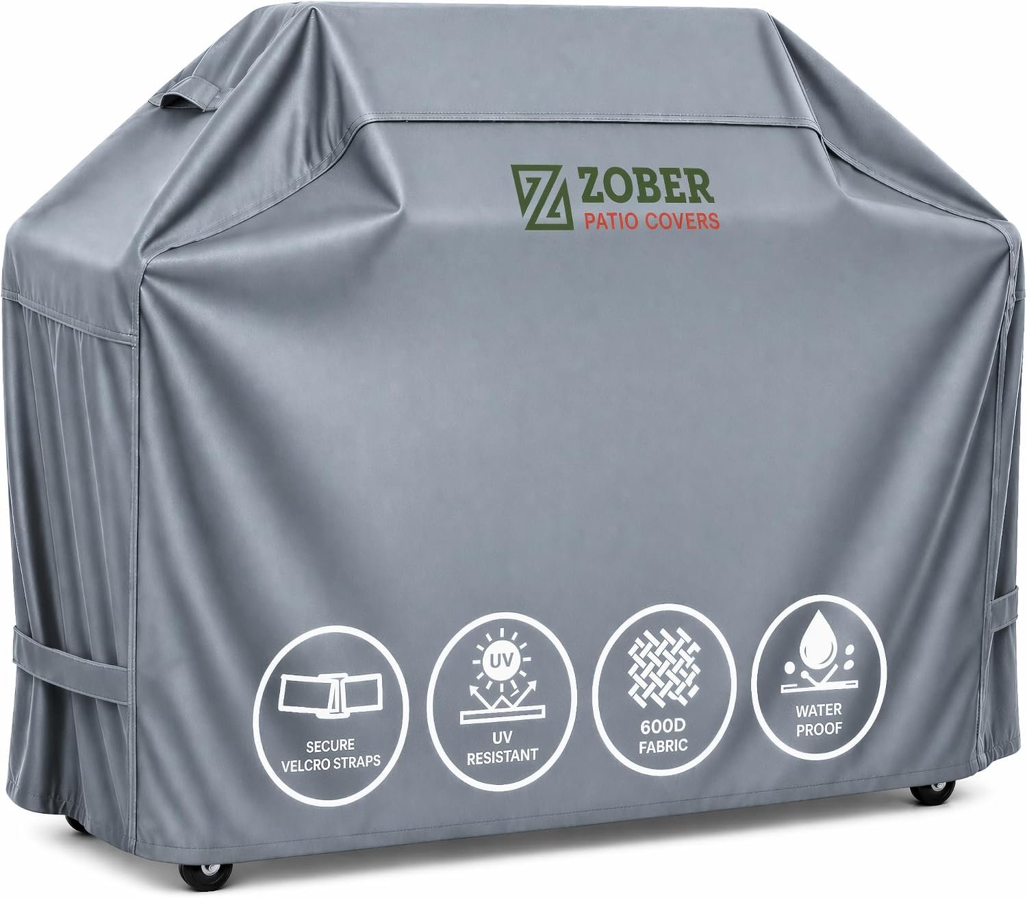 ZOBER Heavy Duty BBQ Grill Cover – 58 Inch Waterproof Double Layered Fits Weber Gas Grill Cover Charbroil Grill & Smoker – Gas Grill Covers w/Air Vents, Dual Handles – 600D Oxford Fabric, Gray