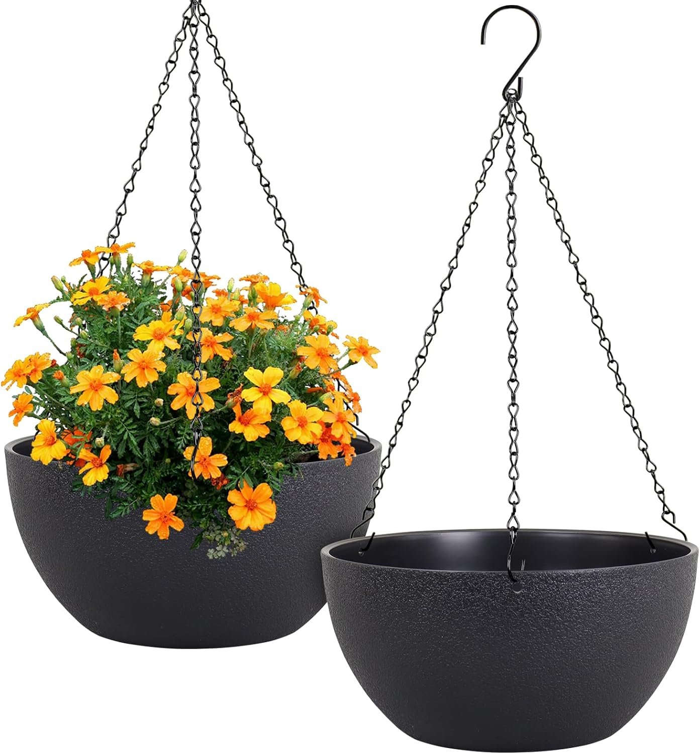 Meowell 12 inch Large Hanging Planters for Indoor Outdoor Plants, 2 Pack Hanging Flower Pots with Drainage Holes and Chain for Garden Porch, Plastic Hanging Baskets for House Plants, Black