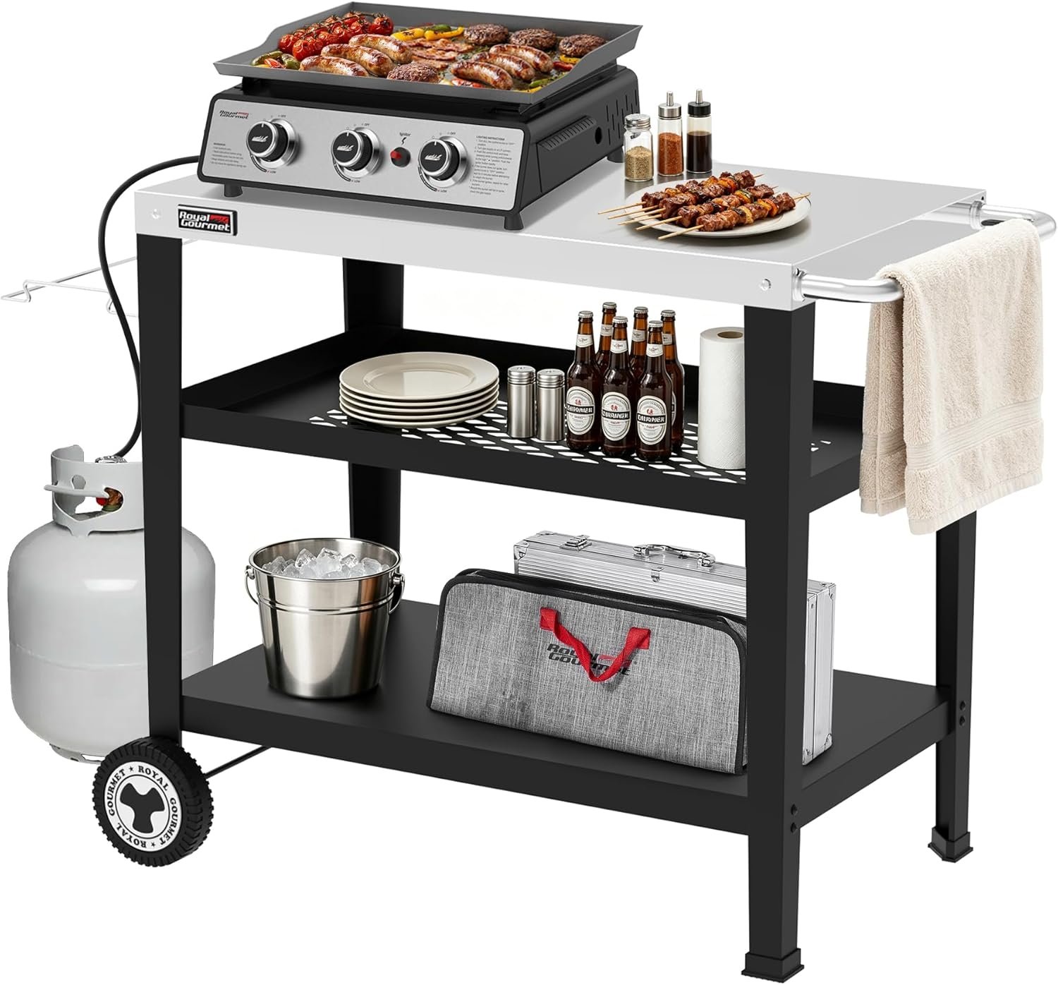 Royal Gourmet PC3404S Rolling Dining Table with Trash Bag Holder, Outdoor Garden Patio BBQ Kitchen Food Prep Table Cart, 34″L x 20″W Stainless Steel Tabletop, Silver & Black