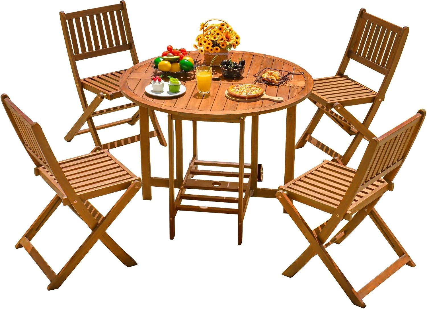 Devoko 5 PCS Patio Furniture, Patio Dining Set Acacia Wood Outdoor Table and Chairs, with 4 Folding Chairs and 37″ Round Movable Table, Outdoor Dining Set for Lawn, Balcony, Garden (Light Brown)