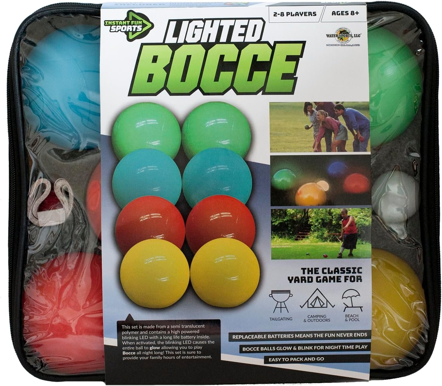 Lighted Bocce Ball Set by Water Sports, Outdoor Glow In The Dark Game for Camping, Parties and Beach Activities, Perfect for Family Game Night, Multiple Colors Medium