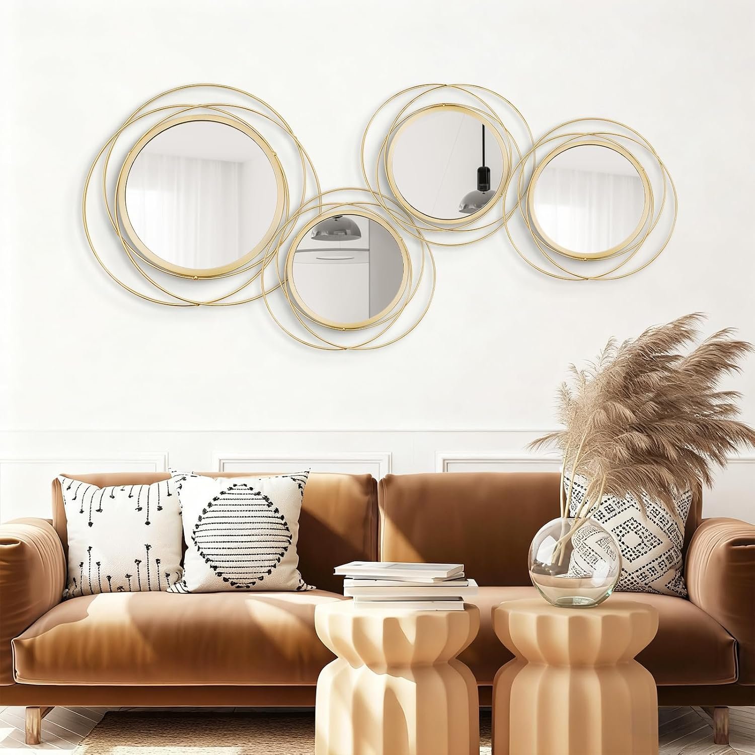 4 Set Circle Mirrors for Wall Decor for Living Room Bedroom Bathroom Entryway Metal Round Mirror Decorative Hanging Mirrors Sun Bohemian Geometric Accent Sculpture -Gold 11 in/9.2 in