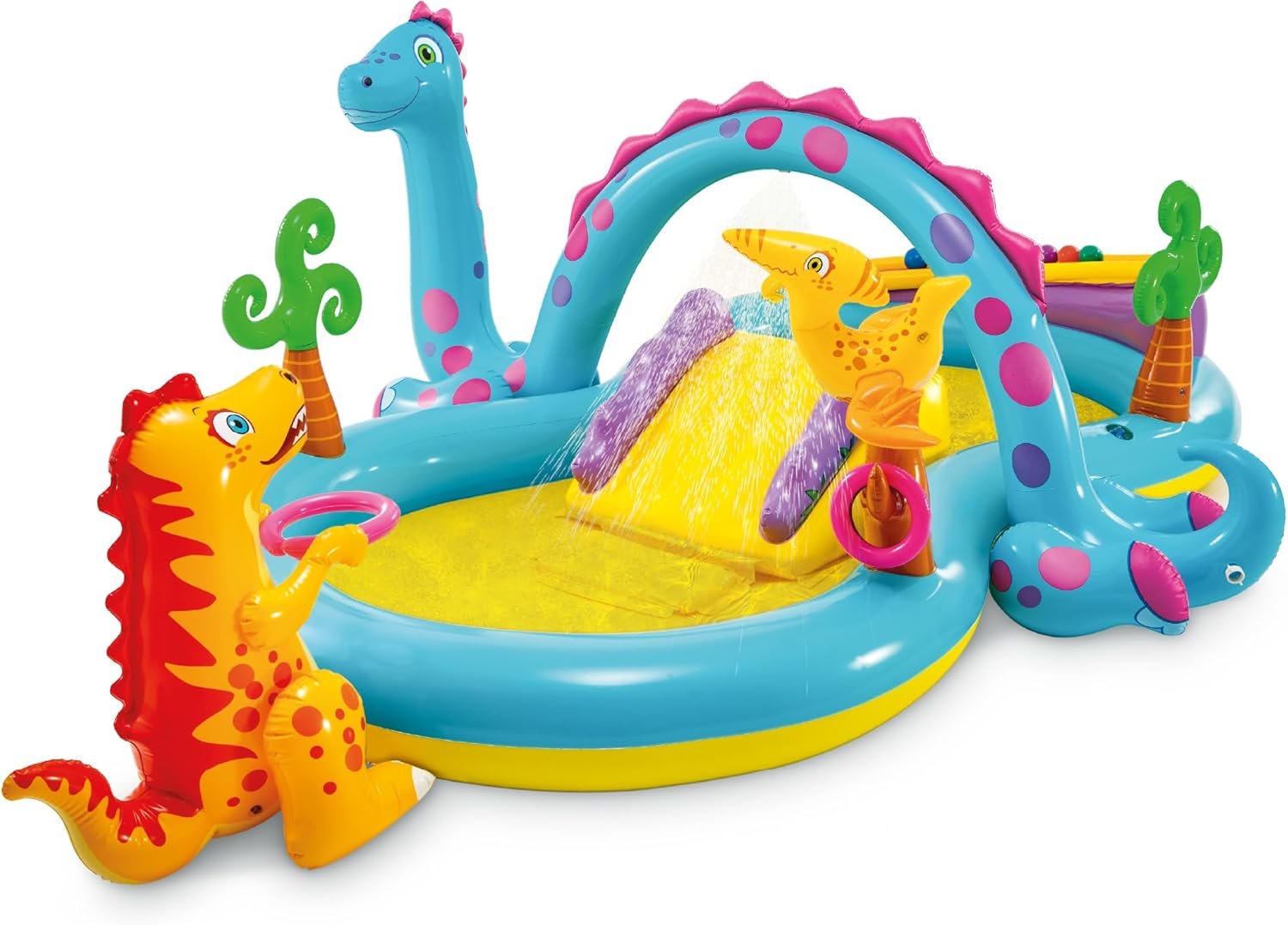 INTEX Dinoland Inflatable Kiddie Pool: Inflatable Kids Pool with Water Sprayer and Slide – Splash Pad – 119″ x 90″ x 44″ – Ages 3+