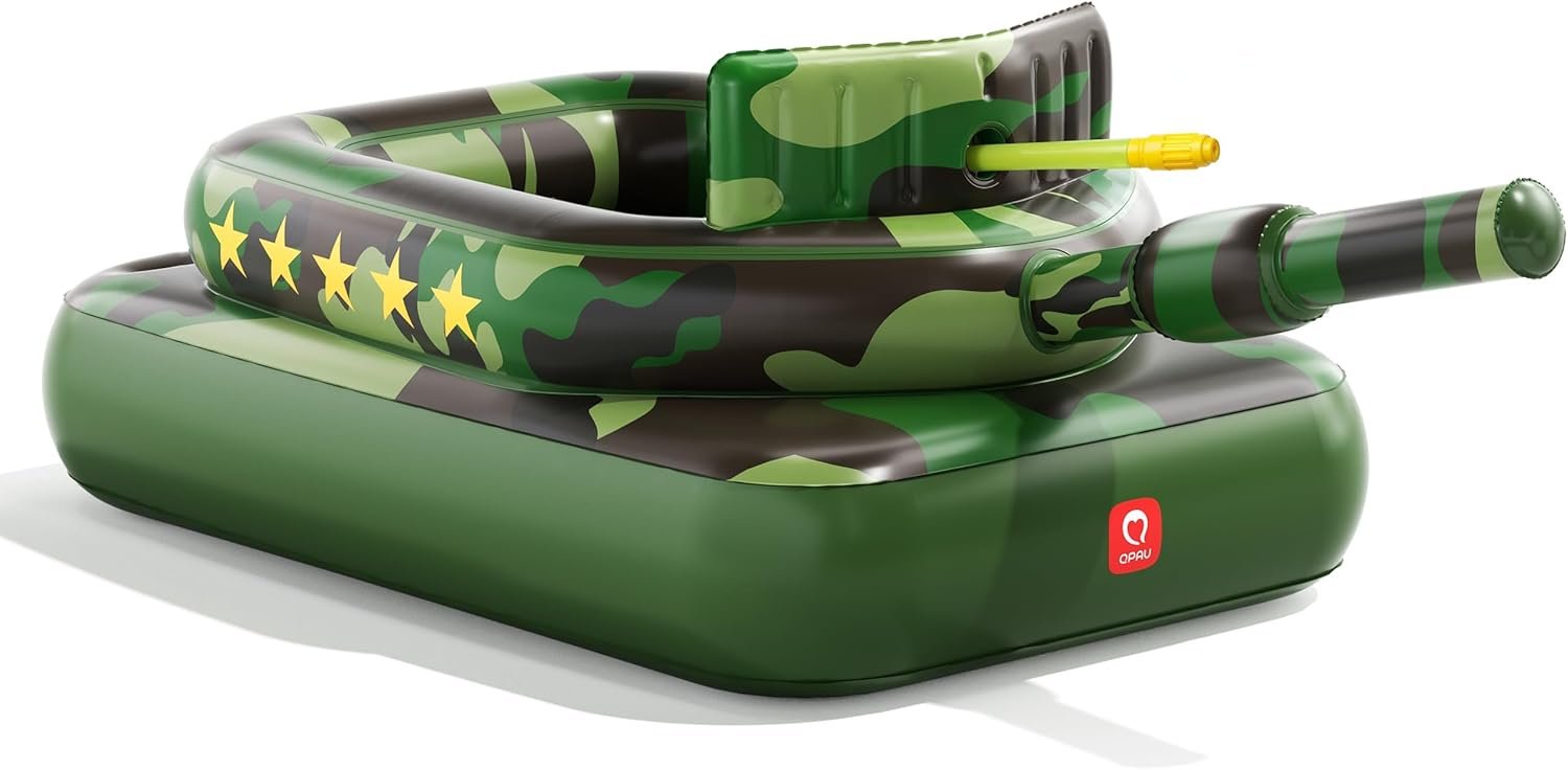 QPAU Inflatable Tank Pool Float for Adults & Kids – Ride-On Camouflage Floaty with Water Cannon, Swim Raft Toy for Boys Girls, Lake Beach Backyard Party Floaties