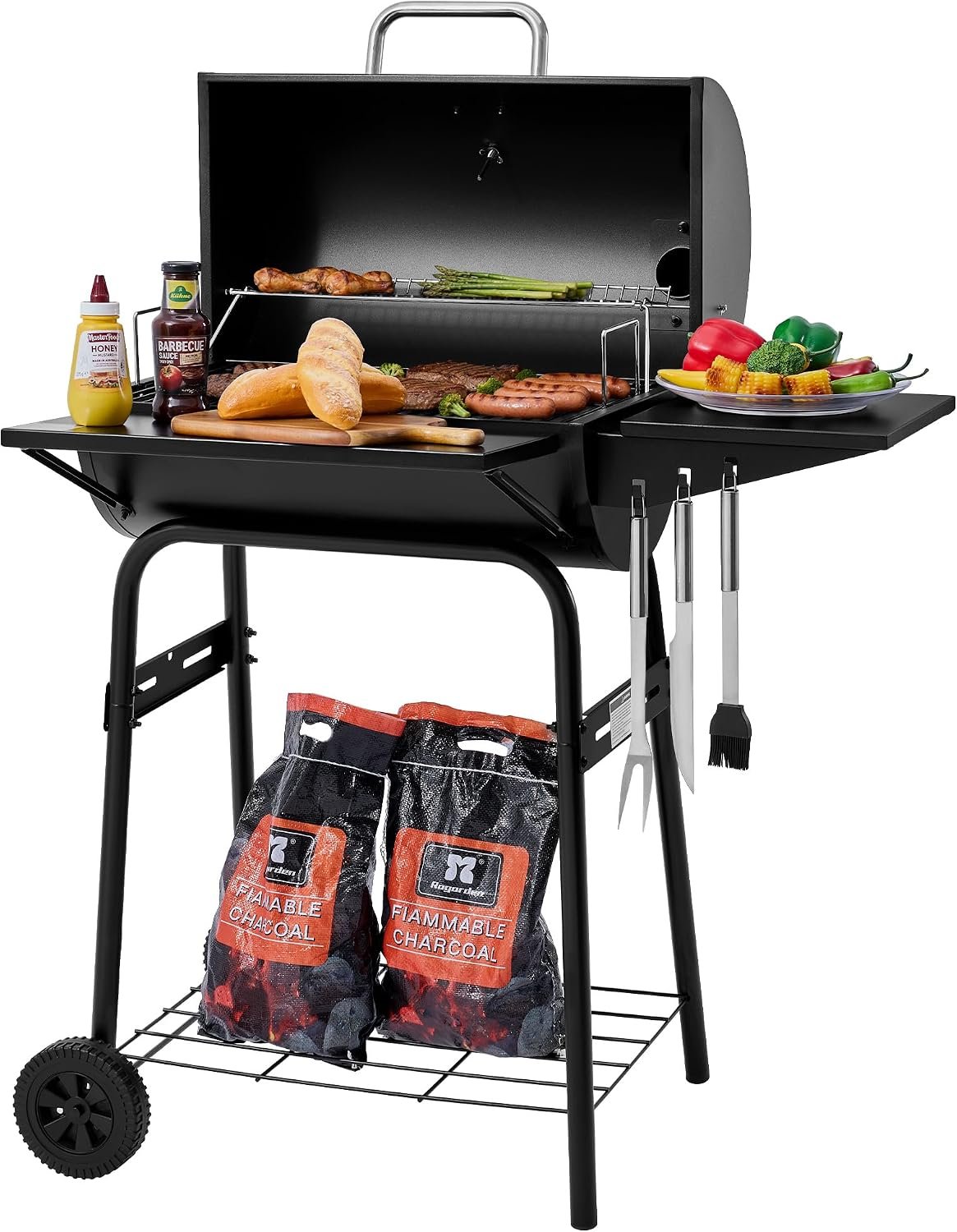 Royal Gourmet CC1624 Barrel Charcoal Grill with Side and Front Shelves | Large Charcoal Grill, 426 sq. in. Cooking Grid, Side Shelf with Hooks, Open Bottom Storage, Outdoor Backyard, Picnics, Black