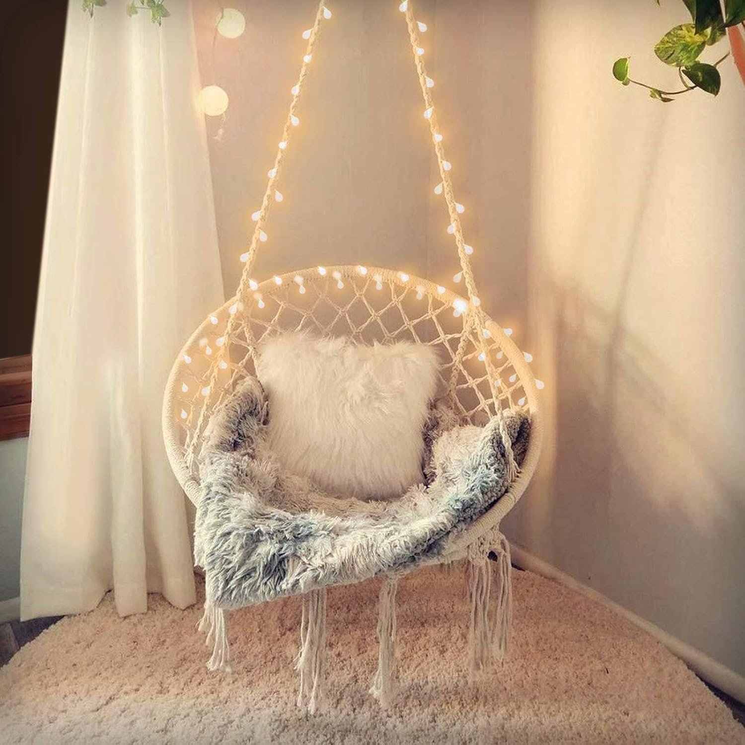 KASHAN Hanging Chair for Bedroom Hammock Chair Swing with Lights and Hardware Kits Holds up to 550Lbs Macrame Swing Chair Hanging Cotton Rope for Patio, Deck, Garden – Cushion Not Included