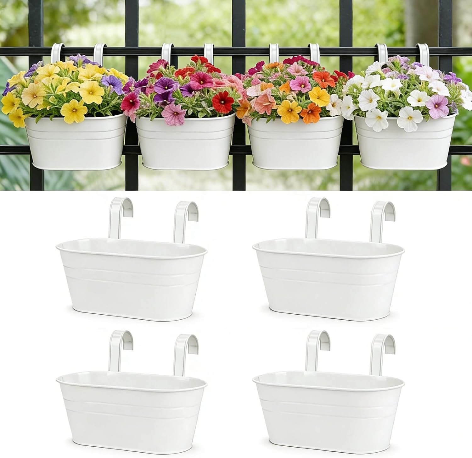 RIOGOO Hanging Planters, Set of 4, Metal Iron Flower Pots with Detachable Hook, White, 10.7″ Diameter, Indoor and Outdoor Wall Decor