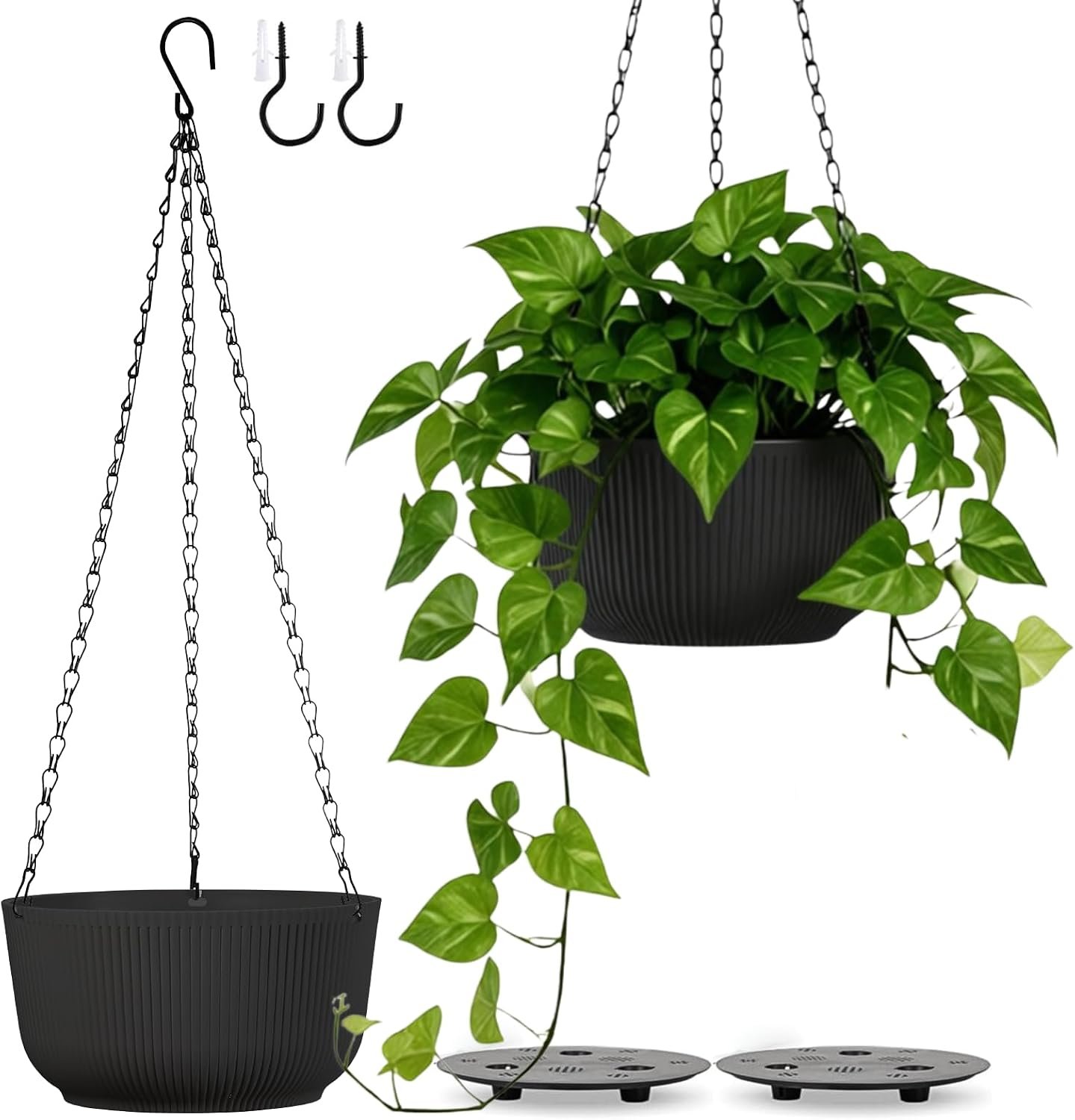 10 Inch Hanging Pots for Indoor Outdoor Plants Set of 2 | Self-Watering Hanging Planters with Internal Saucers, Drainage Holes & Plugs (Hooks)