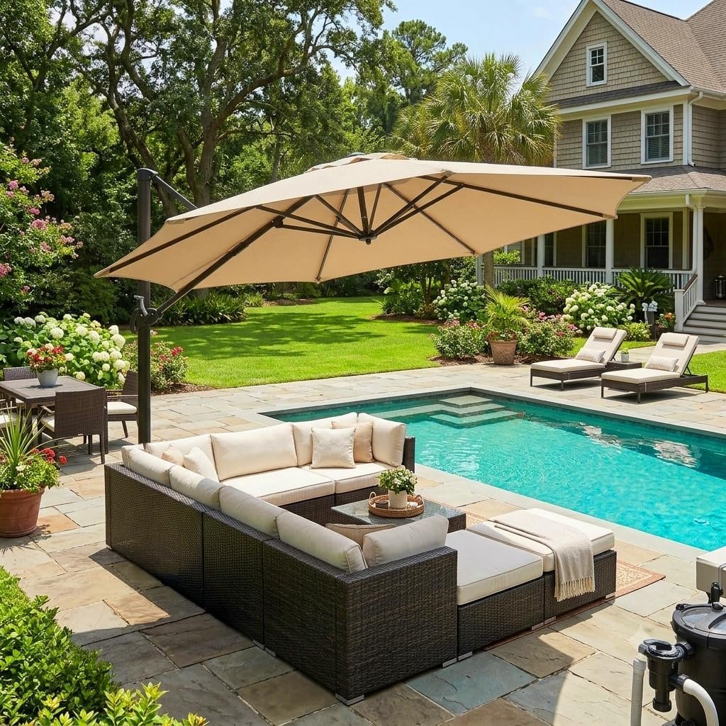 OLILAWN 10FT Cantilever Offset Patio Umbrella with Base Included, Large Outdoor Rectangular Umbrella with 360-degree Rotation & Infinite Tilt Adjustment, 220GSM UV Protection Fade-Resistant Canopy, Heavy-Duty Frame for Outdoor Patio, Deck, Backyard, Poolside, Champagne