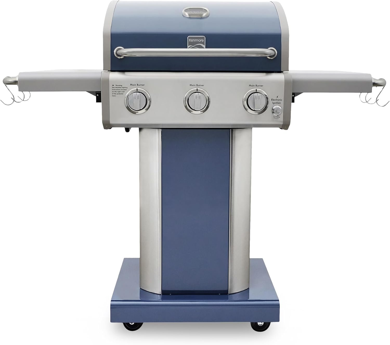 Kenmore 3-Burner Propane BBQ Grill, 30,000 BTUs Gas Grill with Cast Iron Cooking Grates, Folding Side Tables & Wheels, Outdoor Grill with Tool Hooks, Azure Blue