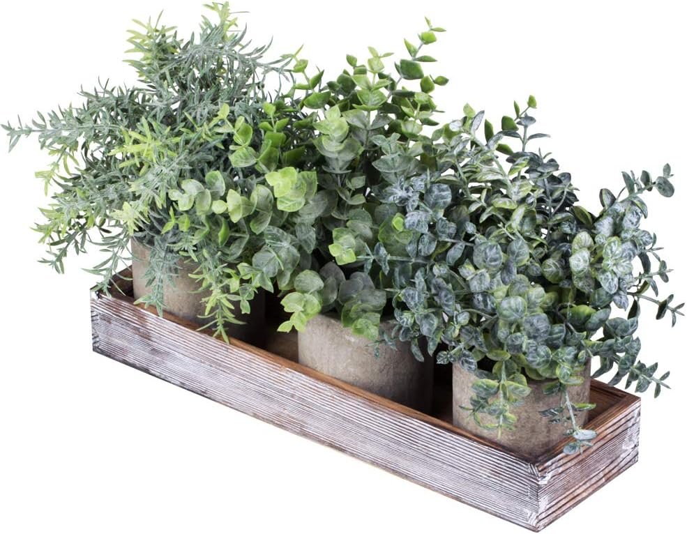 Winlyn Set of 3 Mini Potted Artificial Eucalyptus Plants Faux Rosemary Plant Assortment with Wood Planter Box for Indoor Office Desk Apartment Wedding Tabletop Greenery Decorations 8.7″ Tall