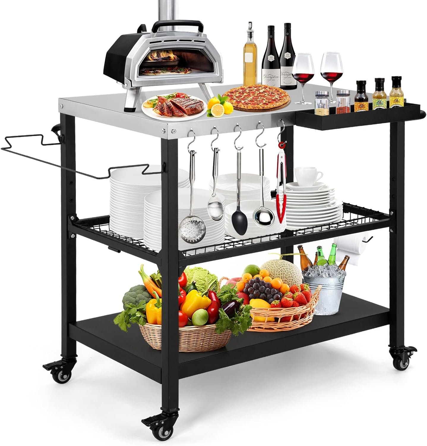 Outdoor Grill Cart,36 Inch Stainless Steel Pizza Oven Table with Lockable Wheels, Hooks & Adjustable Mesh, Metal Kitchen Cart Island, Black(36.2” D x 19.6”W x 31.4”H)