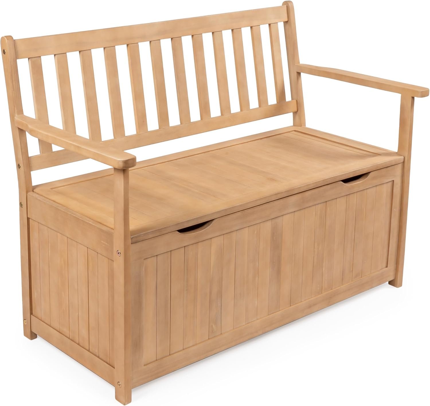 happimess STB1000A Sophie 48″ Traditional Farmhouse Lift-Top Acacia Wood Storage & Entry Bench, Light Teak Matte Finish, with Seating & Armrest for Patio, Garden, Porch, Backyard, Poolside | Farmhouse Style, Lift-Top Entryway, Soft-Close Lid, Armrest Seating, Weather Resistant, 700 Lbs Capacity