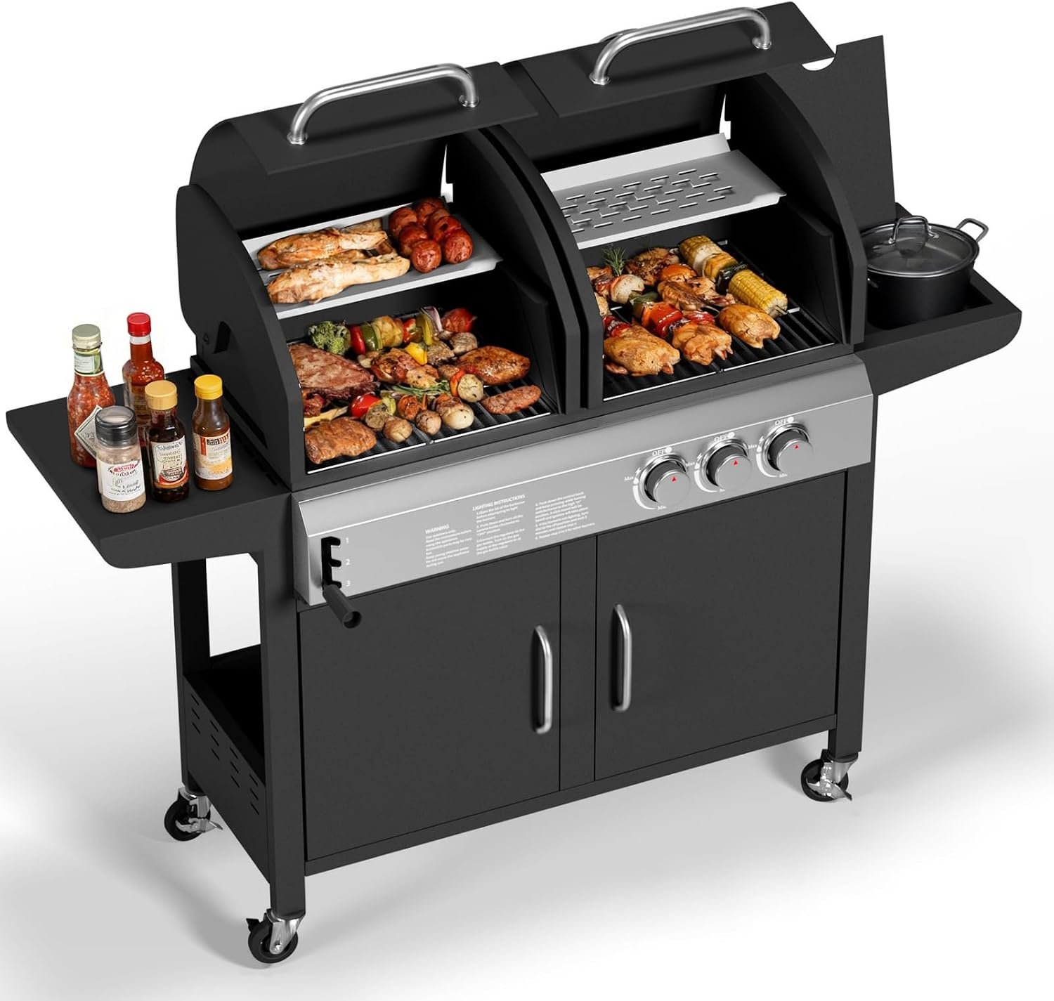 Garvee 3 Burner Propane Gas and Charcoal Grill Combo with Side Burner, Outdoor Dual Fuel Grill with Storage Cabinet for Patio & Party & Kitchen & Backyard Barbecue