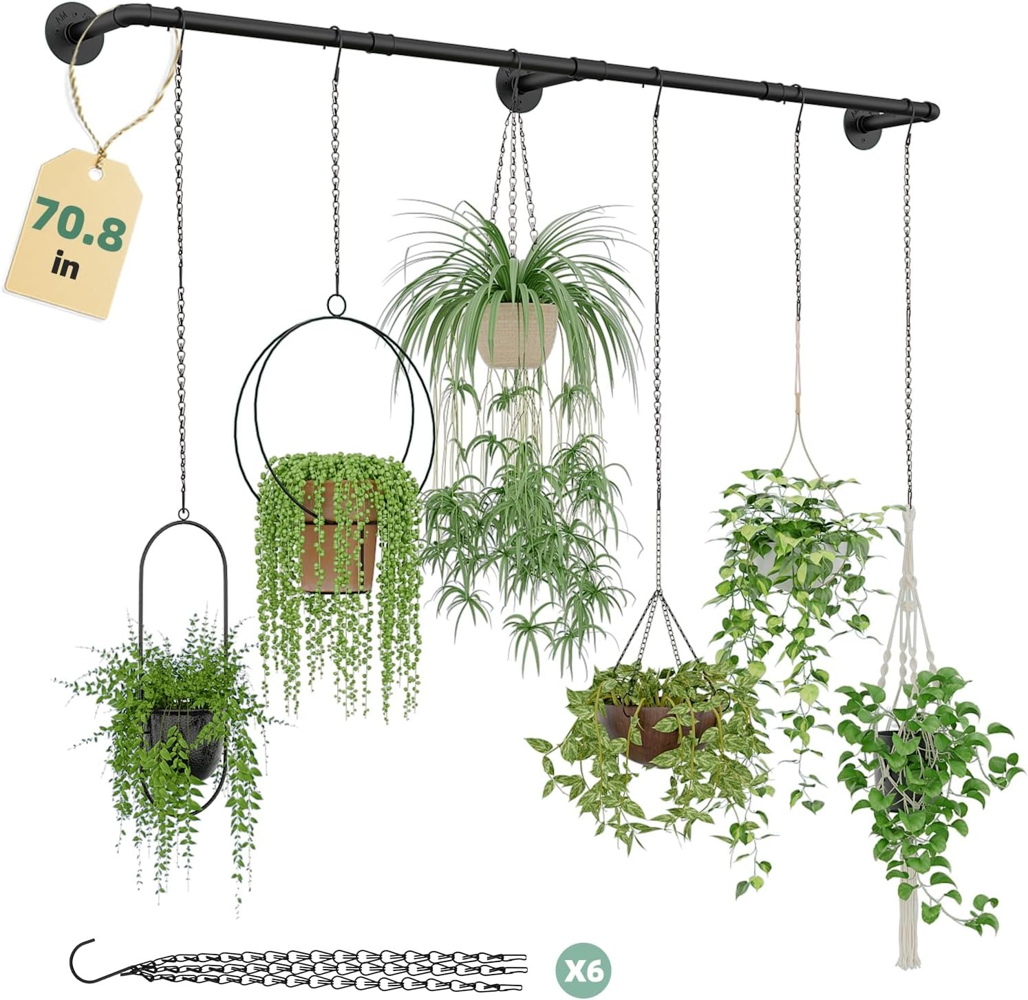 Galood Plant Hanger Indoor with 6 Hanging Chains Hanging Planters for Indoor Plants Hanging Plant Holder Window Plants Rod Black Metal Shelves(70.8 Inch Pot not Included