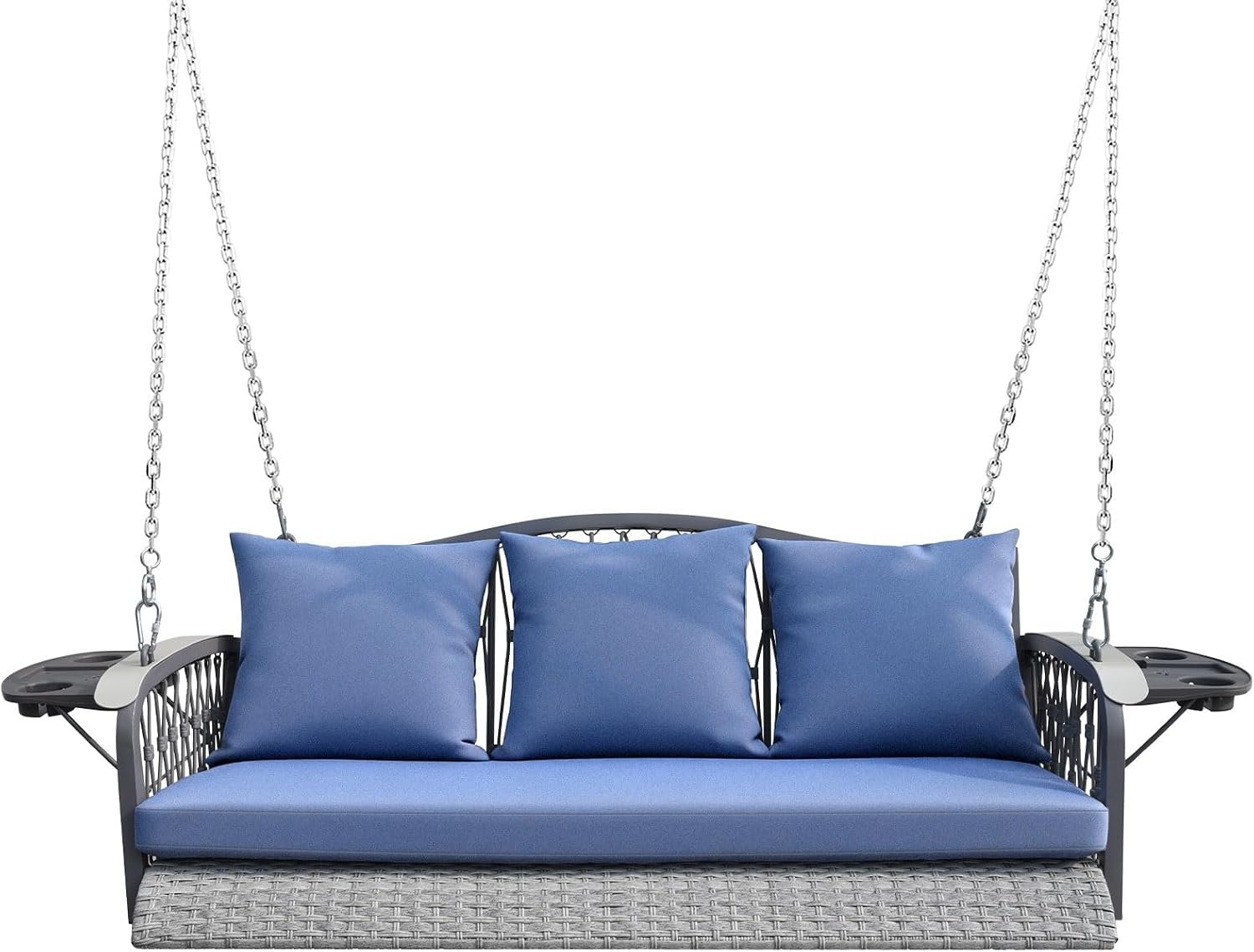 ZZW Wicker Porch Swing Heavy Duty 900 LBS 3-Seat Outdoor Patio Swing Chair with Cushions & 8.9ft Chains Outdoor Hanging Bench with Upgraded Cup Holders for Garden Deck Backyard