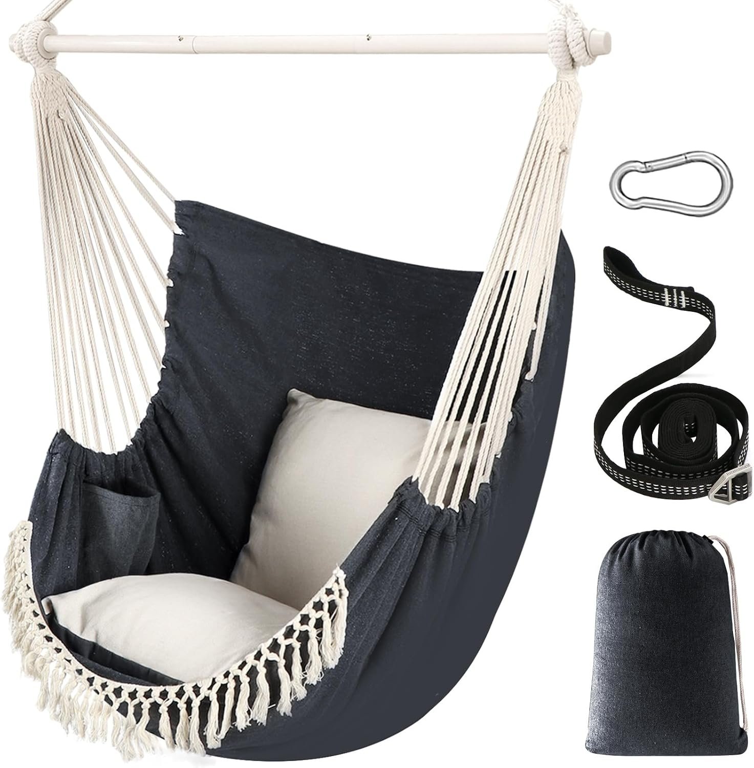 Chihee Hammock Chair Max 500 Lbs 2 Cushions Spreader Bar Strap Carabiner | Collapsible Metal Rod with Anti-Slip Grooves Portable Hanging Swing Side Pocket Macrame Bohemian Chair Indoor Outdoor Graden