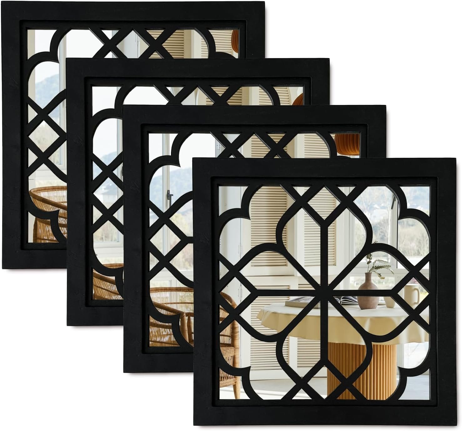 ZEXUIRU 4 Set Rustic Wall Mirrors for Bedroom Bathroom Living Room Entryway Wood Farmhouse Square Easy to Hang Framed Decorative Accent Hanging Wall-Mounted Mirror Set for Living Room – Black