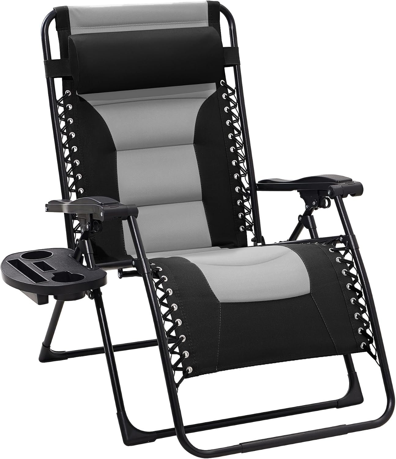 JEAREY Oversized Padded Zero Gravity Chairs, Folding Lounge Chair Outdoor Patio Recliner, Anti Gravity Chair for Backyard with Headrest, Cup Holder, Side Tray, Polyester Mesh – Black/Gray