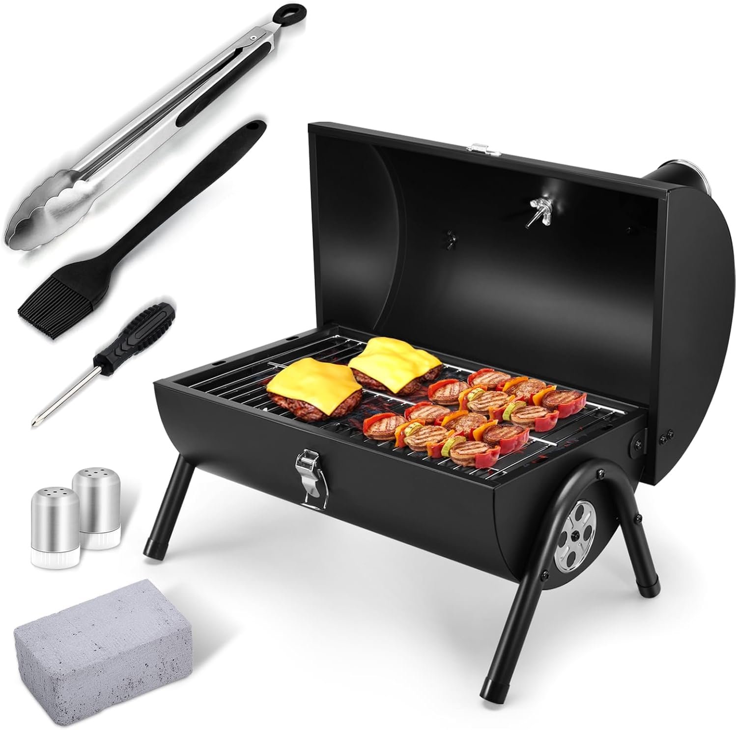 Joyfair Portable Charcoal Grill with Tools Set, Small Camping BBQ Grills | Heavy Duty Outdoor Tabletop Barbecue Grill with Accessories for Backyard Grilling Cooking, Thermometer & Chimney