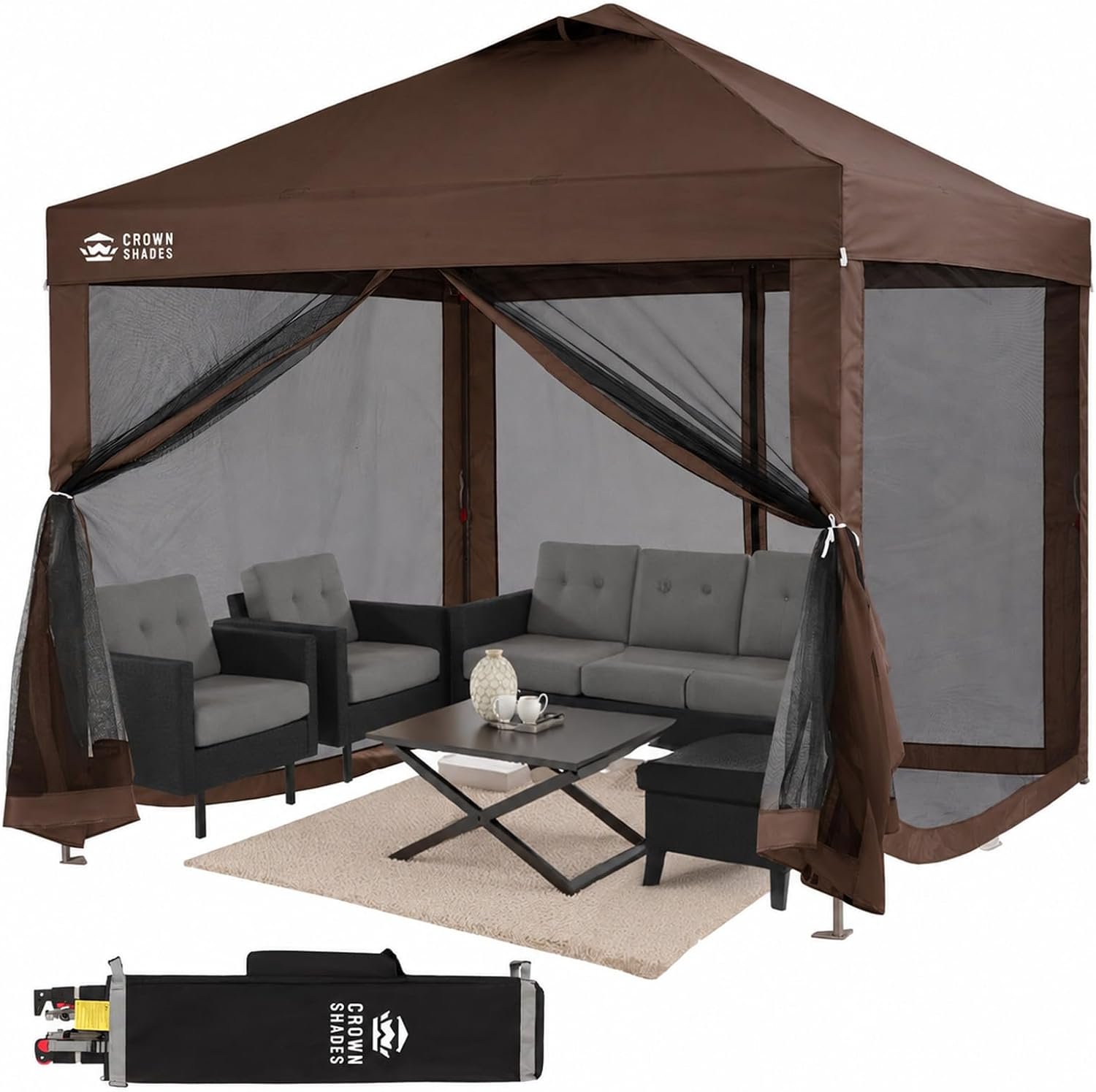 CROWN SHADES Gazebo 10×10 Pop Up Canopy with Mosquito Netting, Screen Tent with 4 Ropes, 8 Stakes, 4 Sandbags and Wheeled Storage Bag, Canopy for Patio & Backyard Parties,Camping&Events -(Coffee) | Screen Tent with 4 Ropes, 8 Stakes, 4 Sandbags and Wheeled Storage Bag, Canopy for Patio & Backyard Parties, Camping&Events