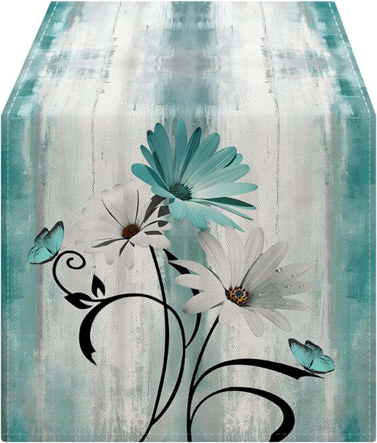 OYIMUA Soft Thick Waterproof Chenille Table Runner Spring Summer Teal Daisy Flowers Vintage Rustic Dining Table Decorations for Home Indoor Outdoor 72 Inches Long
