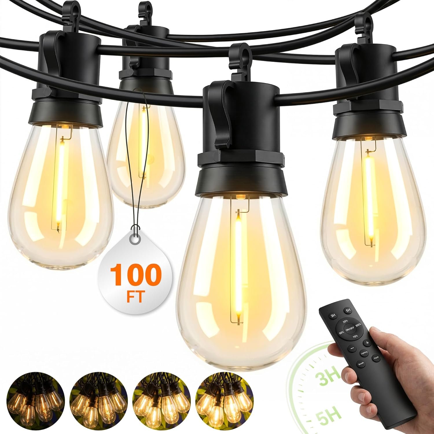 Outdoor String Lights LED Patio-Light – 100Ft Outside Waterproof Dimmable Porch Lights with Remote Shatterproof S14 Bulbs Outside Hanging Light Connectable Lighting for Gazebo Backyard Bistro Pergola